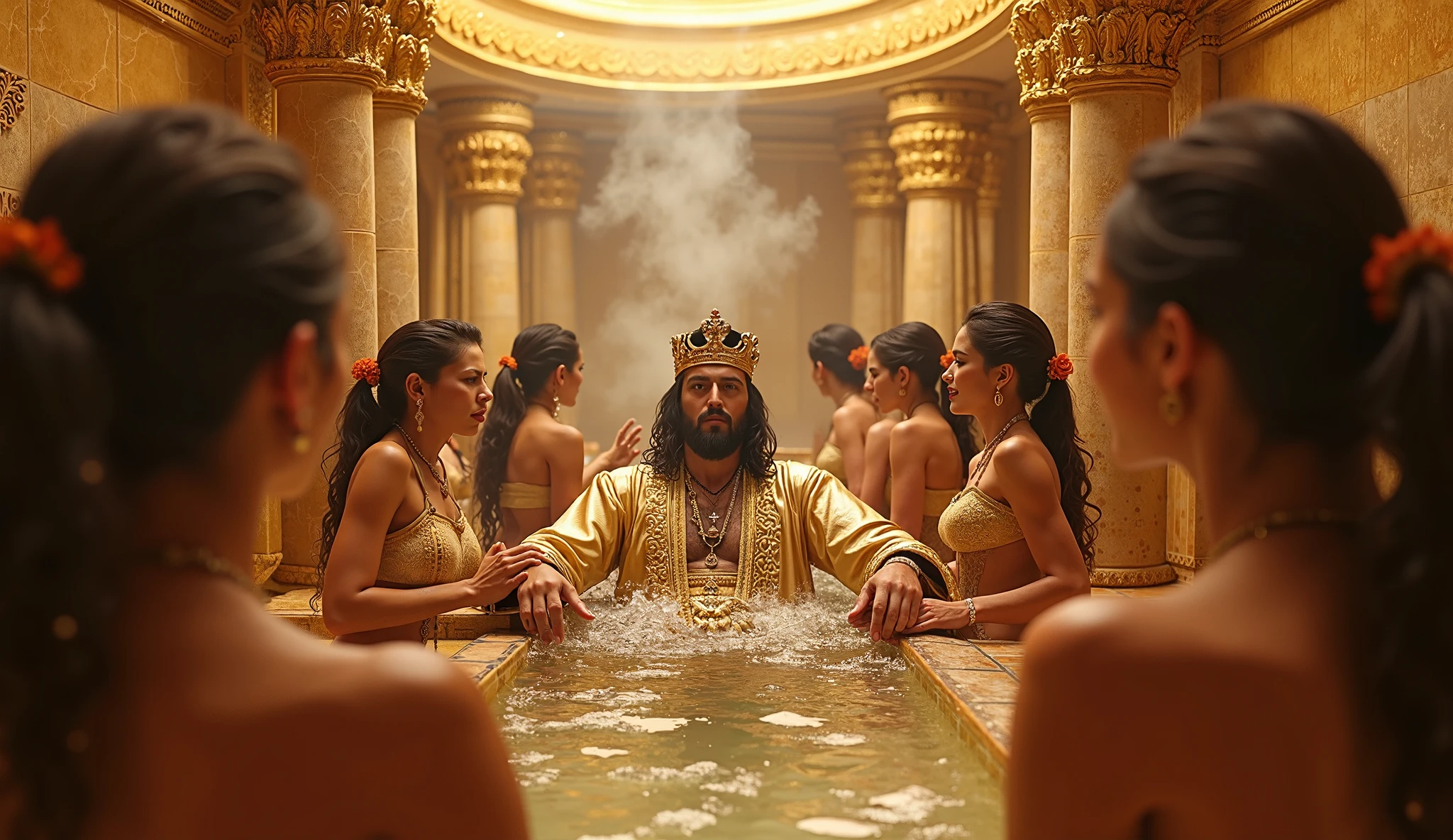 A handsome handsome man without a shirt, golden pants, winged crown, sitting on a king's chair, thin, white skin, in the desert, a desert palm tree behind a lake and a peacock with two leopards at his side, a rug under his feet, two men look at him, blowing on him with the palm leaf and a woman dances for him on his forehead.