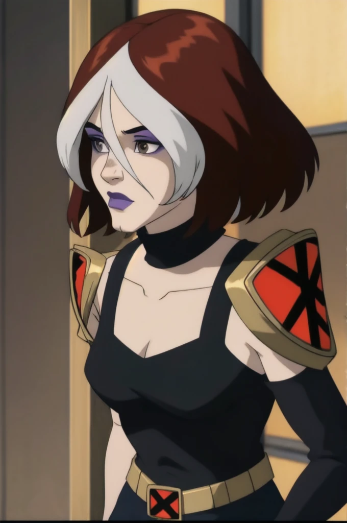 de forehead,pose, Looking At The Spectator ,Alone , BREAK,
 cartoon _rogue_I wore a_ ownwaifu , www. ownwaifu .,
two-tone hair, brown hair, white hair, short hair, make-up, Lipstick, hair between eyes,  breasts,   gray eyes, purple Lips,   eye shadow, Nose, medium  breasts, split color_hair, Lips,  pale skin, [tonificado,  narrow waist,  curvaceous,  collarbone, 
 belt, body, armor,  belt buckle,  brown gloves , shoulder pads,  turtleneck sweater , yellow  belt,  tight to the skin, 
BREAK,,  official art,imagen CG en alta resolución de 8K para fondo de pantalla,  perfect lighting ,colorful,  round_forehead_rostro_ Lighting,piel  round, ( masterpiece:1.0),(better_quality:1.0),  ultra high resolution,4k, Ultra-detailed,  photograph, 8K, HDR-10,  highres, (absurdities:1.2), Kodak portrait 400, Film grain,  blurred background,(vibrant_color:1.2), photograph profesional,
