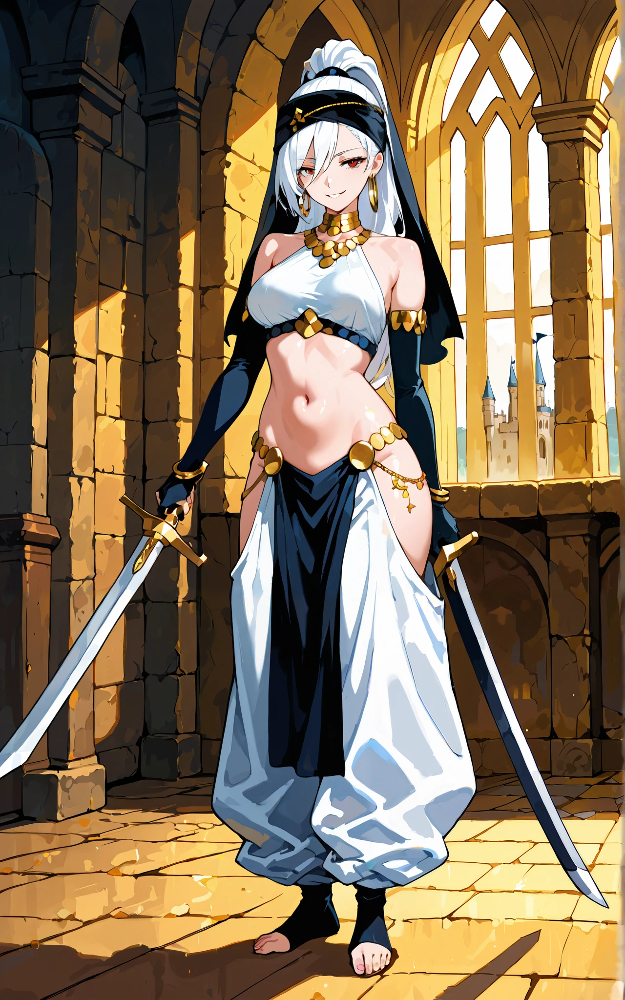 cyberpunk edgerunners, 2girl, two girl, blush, large breast, choker,   long hair, masterpiece, best quality, highly detailed, fantasy , a anime girls in armored dress holding a sword posing for a picture, evil smile, smile, open mouth, breastplate with open cleavage, cleavage, warrior outfit, ecchi anime style, anime girls, ecchi style, ecchi, digital anime art!!, in anime style, official artwork, visual novel cg, beautiful anime girl, anime style 4 k , loincloth, exposed belly, exposed navel, exposed midriff, exposed lower belly, pencil skirt armored, castle,inside castle,