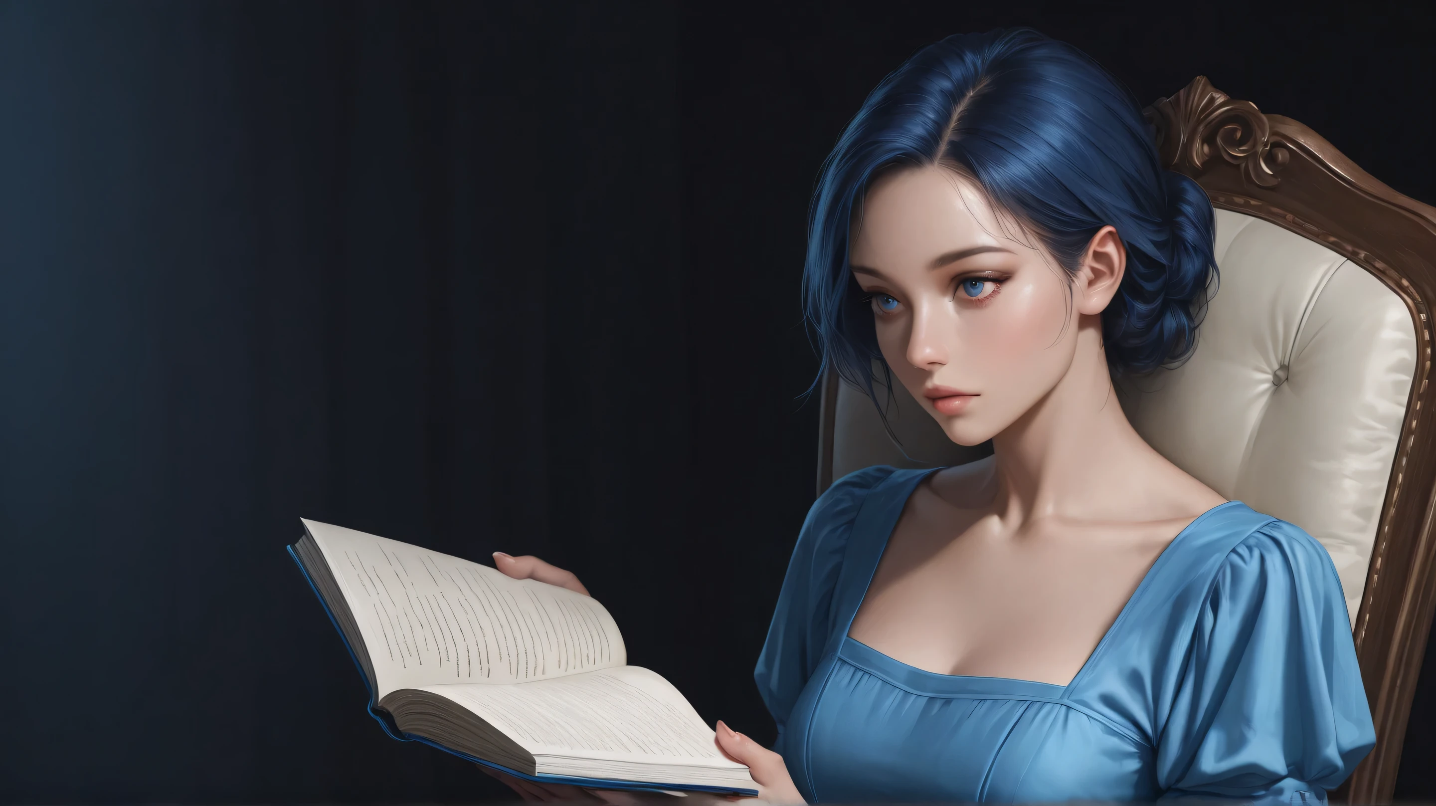  Woman,  ultra realistic, in blue dress, Reading a grey-cover book, staring intently at the observer