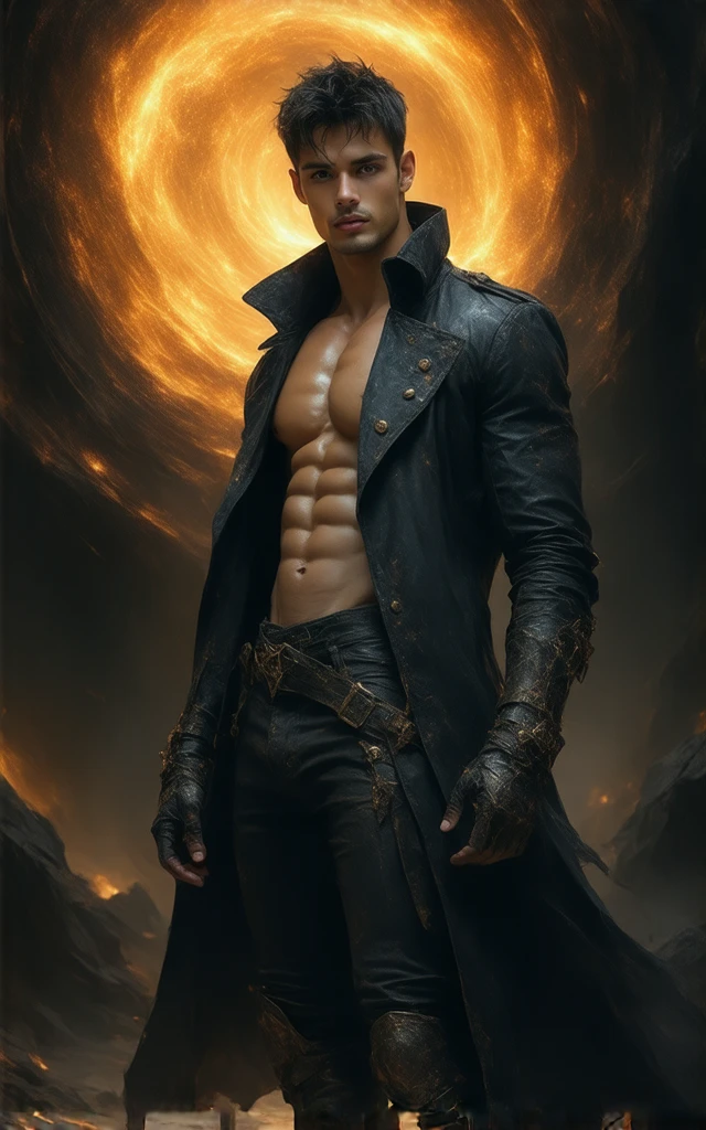 (male) human, pointed face, narrow eyes (slick_mid-length_black_hair), pointed nose, tall(lean), spectral wings, bare chest, leather pants, bare feet, long fingers, holding bow, pale skin