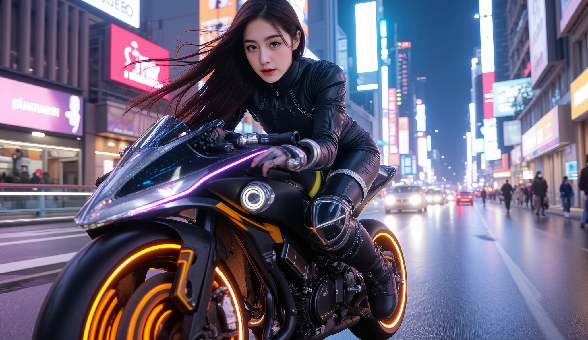 Description:
A half-body shot of a girl with long dark brown hair gripping the handlebars of a futuristic and advanced motorcycle with cyberpunk design. The bike emits glowing neon lights and energy cylinders spin around the tires. The neon city skyline reflects in her visor as the wind whips past, while her cybernetic implants pulse in sync with the speed of the chase.

Clothing:
She wears a tight black suit with armored plating on the shoulders and legs. Neon lines run across her suit, glowing in sync with the speed of her ride.

Hairstyle:
Her long, dark brown hair flows freely in the wind as she speeds through the neon-lit city, adding a dynamic and powerful element to the scene.

Setting:
The neon-lit city stretches endlessly ahead, with towering skyscrapers and flying cars zooming past. The streets are alive with holographic advertisements, and rain slicks the ground, reflecting the vibrant colors of the lights.
