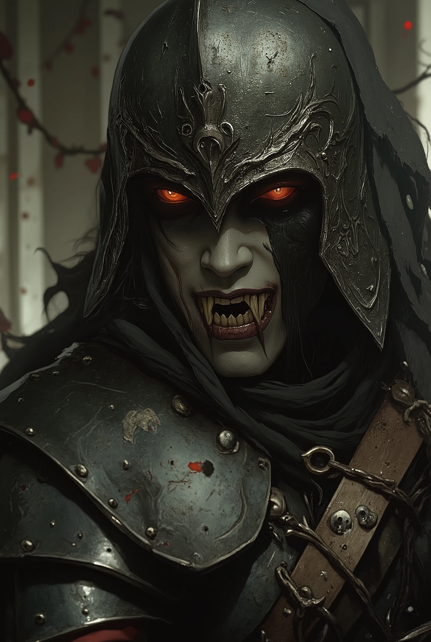 Vampire warrior queen with large pointed teeth wearing Spartan armor, com a boca aberta mostrando large, pointed teeth , large, pointed teeth , soldier, night, fringe, 8k quality, a very detailed face, cinematic