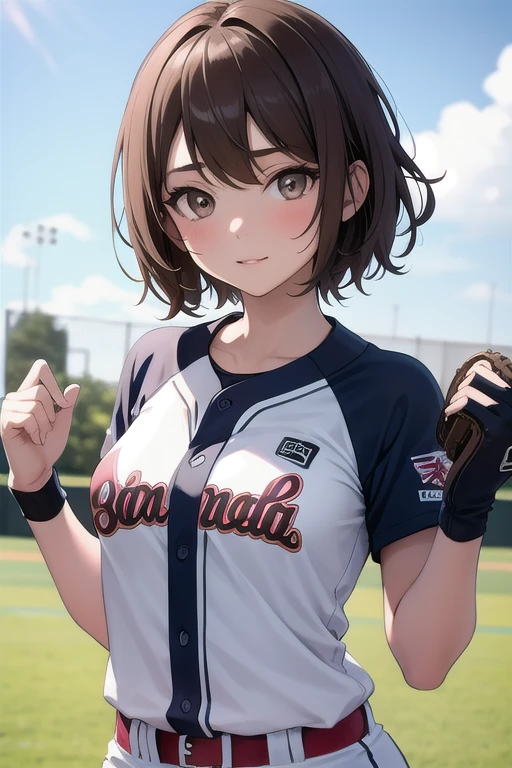 pretty girl,15 years old,height: 154cm,boyish,small breasts,stylish,baseball uniform,(Baseball in the left hand),Pitching form,Throwing baseball,Sweat,I'野球場にいるI,(long bob),(greenish brown hair),(slanted eyes),(dark red eyes),from below,looking at the viewer,anime style,masterpiece, very detailed and beautiful,Japanese,gravure,enchanting smile