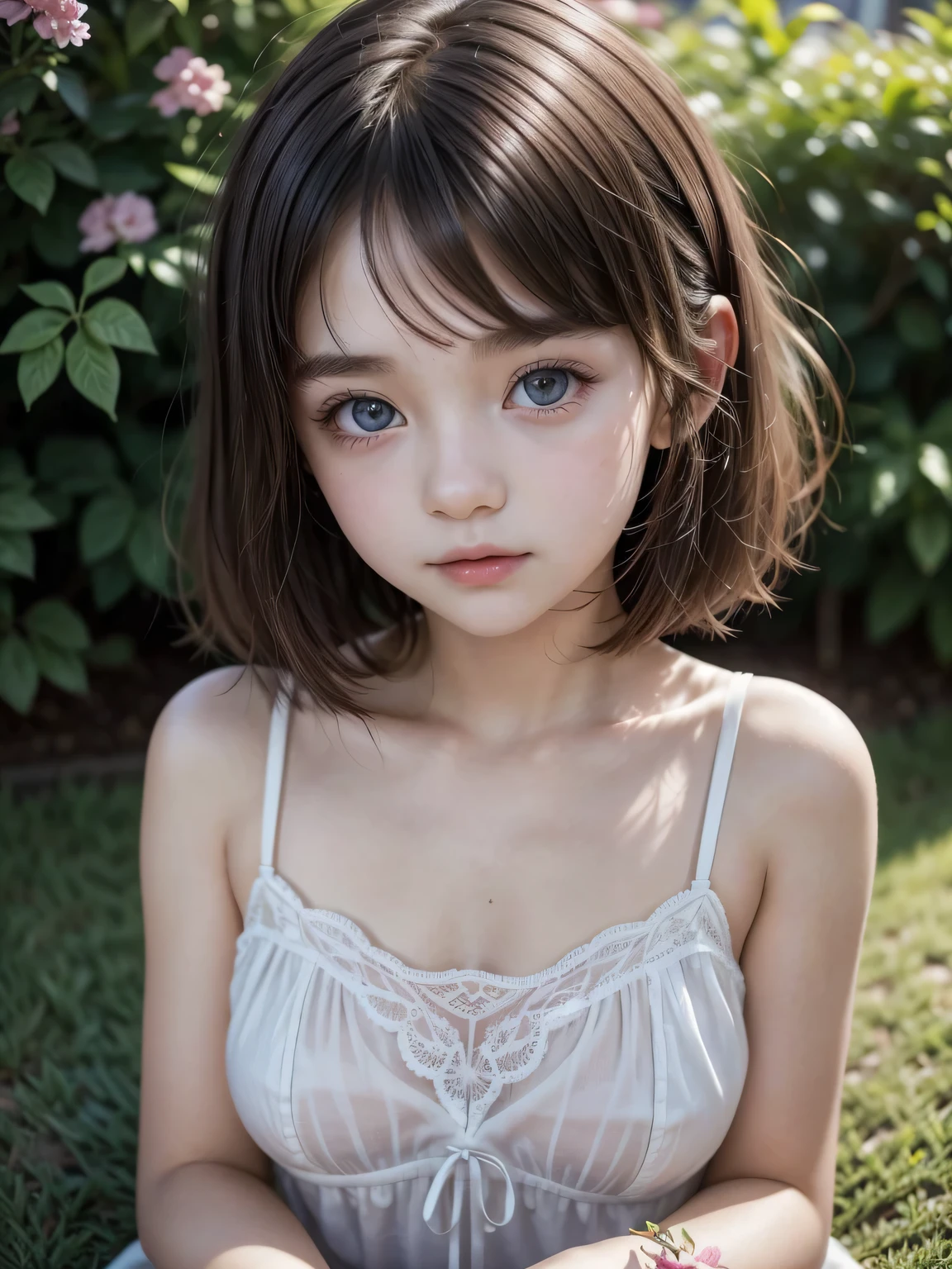 absurdres, (masterpiece, best quality), (ultra-detailed), extremely detailed,super high resolution, (Top Quality photorealistic Illustration), (Super Definition), (best quality,masterpiece:1.0),(cute illustration), (high Saturation:1.2), highres, ultra-detailed, 32k,8k resolution, intricate details, cinematic scene, detailed background, Soar (High chroma),(Sparkling),bathroom, depth background, in the sandy beach, ocean, splashing, blue sky, windy, rim light, sunlight, beautiful lighting, strong light,BREAK (one girl:1.6) (kawaii), (cute), Beautiful and delicate eyes, Delicate and beautiful face, Facial accents, Perfect figure,(open shirt), (show off small nipples:1.6), (small areolas), Uniforms、bright expression、short bowl cut、Young shiny shiny white shiny skin、Best Looks、Natural black hair with dazzling highlights、shiny light hair, (short hair), silky straight hair、Beautiful bangs that shine、Double eyelids、eye liner、Glowing crystal clear attractive big brown eyes,(Very beautiful nice cute 14 year old Nordic girl)