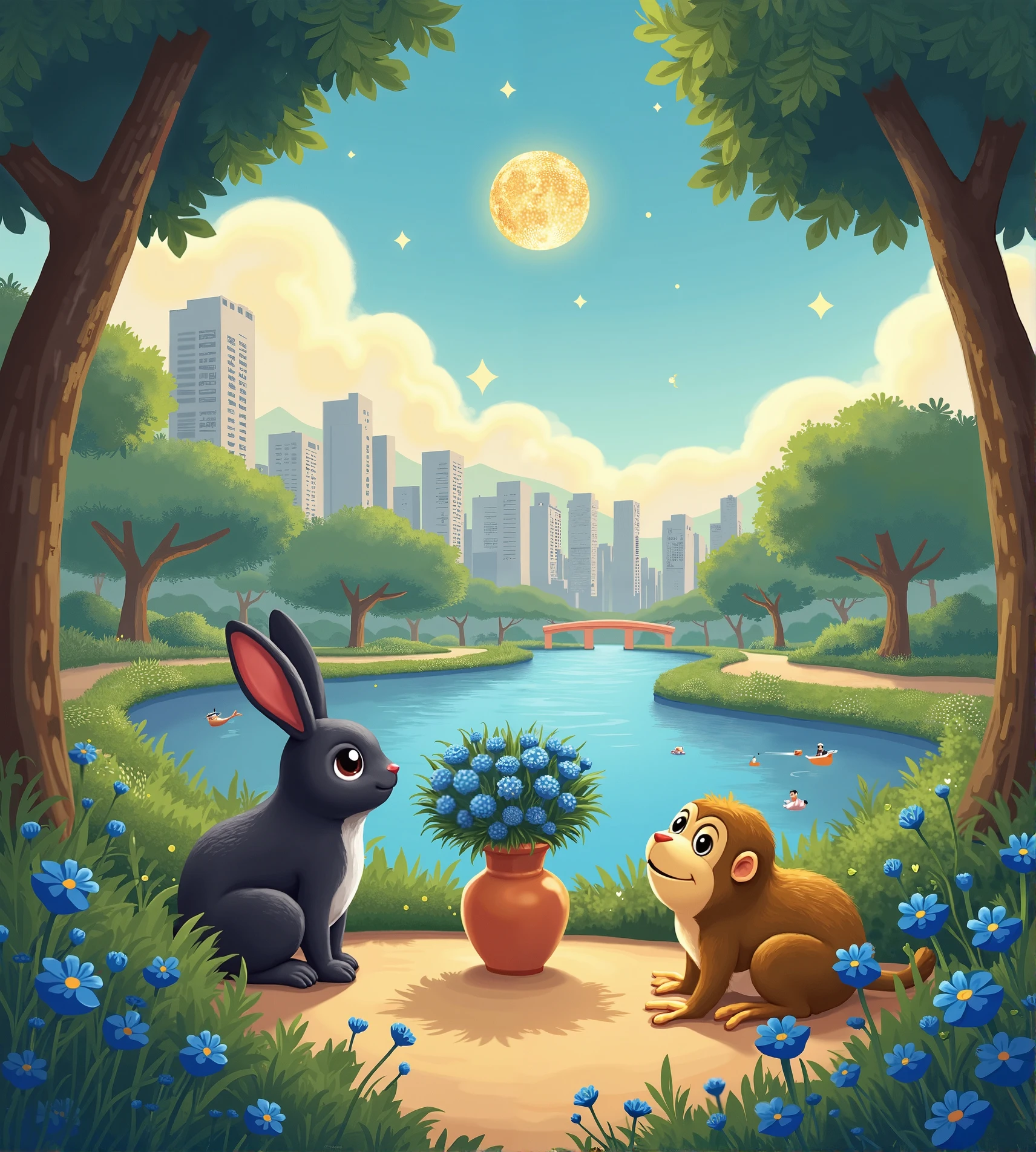 Cartoon scene of a dog and a rabbit in a park - SeaArt AI