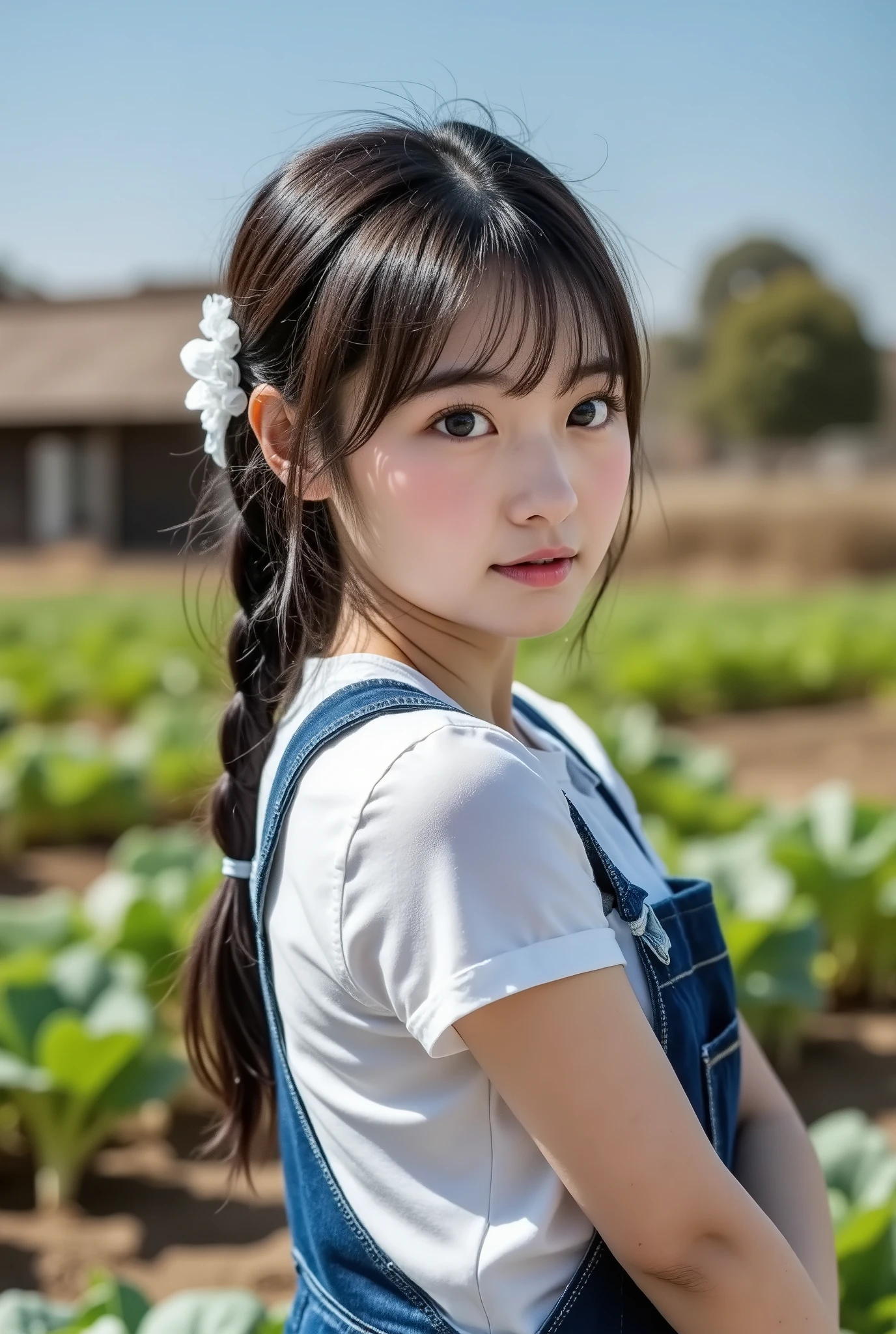 Very detailed, detailed, best quality, super high definition, highest resolution, 20 year old Japanese woman looking back with her back turned, happy smiling face, detailed facial depiction, detailed eye depiction, wide open eyes, cute double eyelids, thick lips, black hair, dark pupils, flabby stomach, saggy breasts, (((big breasts, chubby woman))), sweaty woman in white t-shirt and denim overalls, under clear blue sky, ((standing leaning forward with her back turned in the middle of a vegetable field, showing her big ass to the viewer)), vast vegetable field full of carrots and cabbages, old farmhouse with a Japanese style thatched roof can be seen in the distance, loosely messy braided hair, looking at the viewer