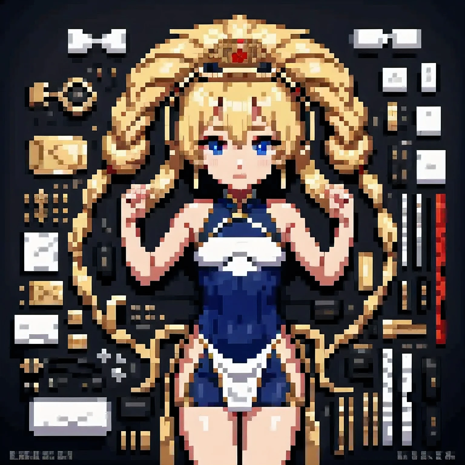 Pixel art. Blond girl. Naked. Masturbating. Smiling. Big breasts. Big ass.