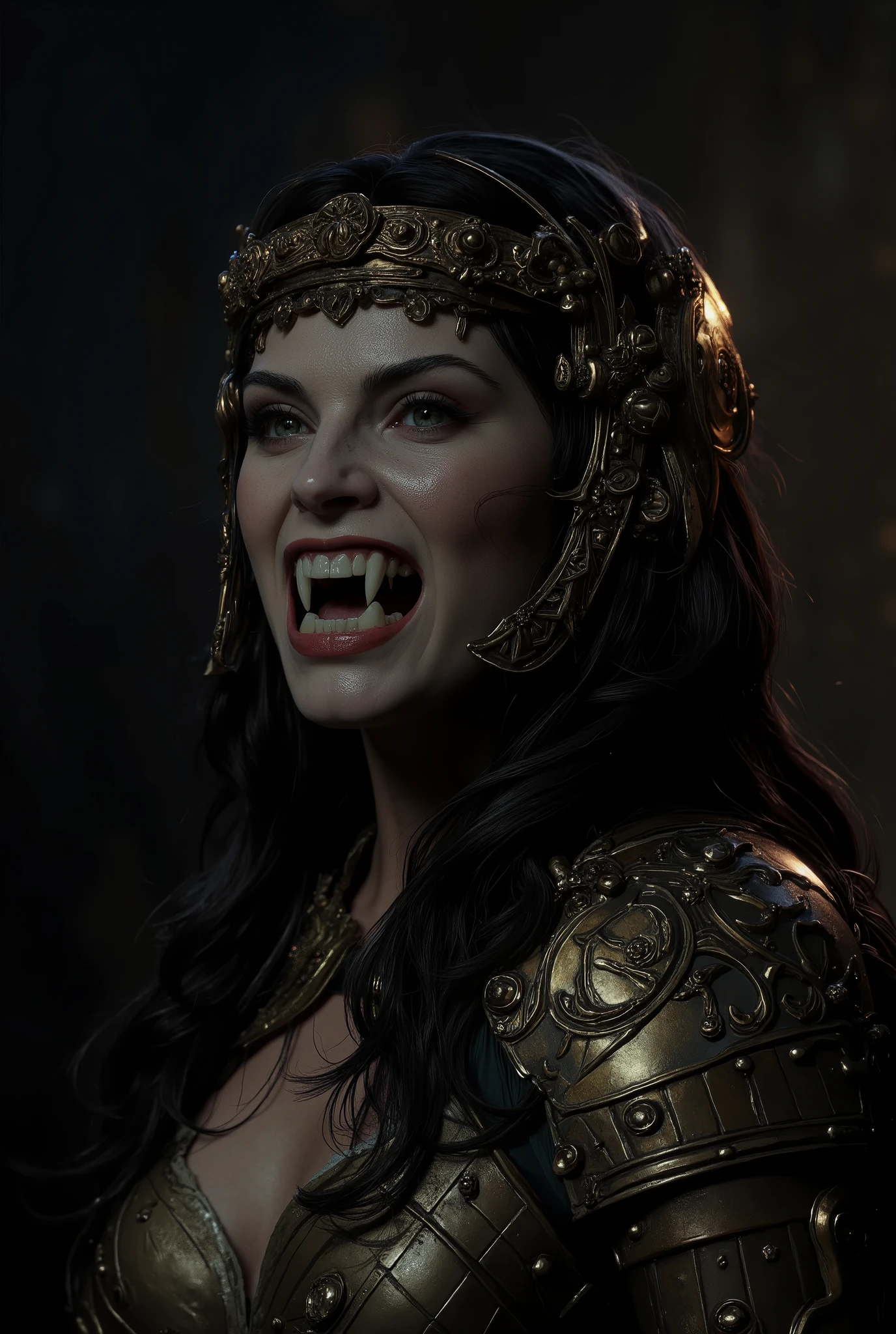 Vampire warrior queen with large pointed teeth wearing Spartan armor, com a boca aberta mostrando  large, pointed teeth ,  large, pointed teeth  ,  soldier, night,  fringe,  8k quality,  a very detailed face, cinematic