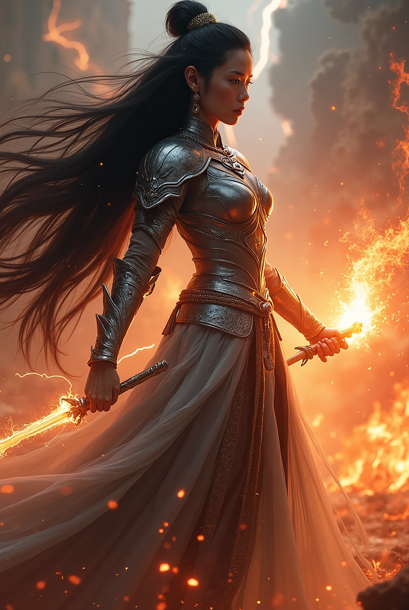 (best quality,4k,8k,highres,masterpiece:1.2),ultra-detailed,(realistic,photorealistic,photo-realistic:1.37),warrior girl, intense battle, powerful stance, piercing eyes, flowing hair, armor shining in the sunlight, sword gleaming with determination, sparks flying from clashes, smoke and debris filling the air, epic landscape, dramatic lighting, dark and stormy skies, intense contrast, vibrant colors, dynamic composition, high-action scene, fierce enemies, adrenaline-pumping atmosphere
