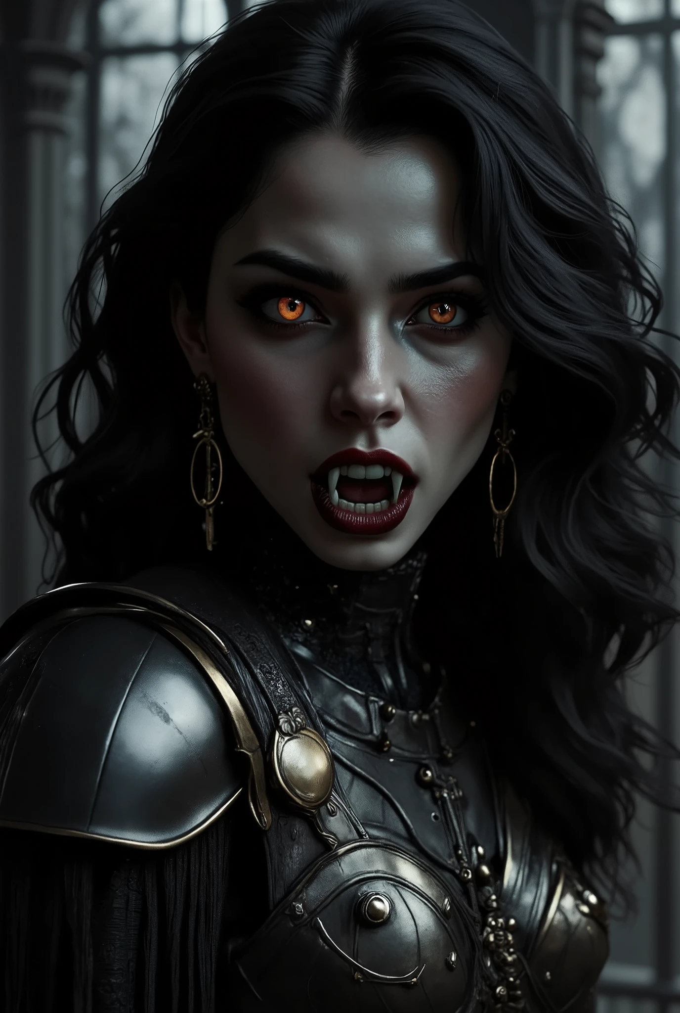 Vampire warrior queen with long hair wearing Spartan armor, imposing , soldier, night, fringe, 8k quality, a very detailed face, cinematic