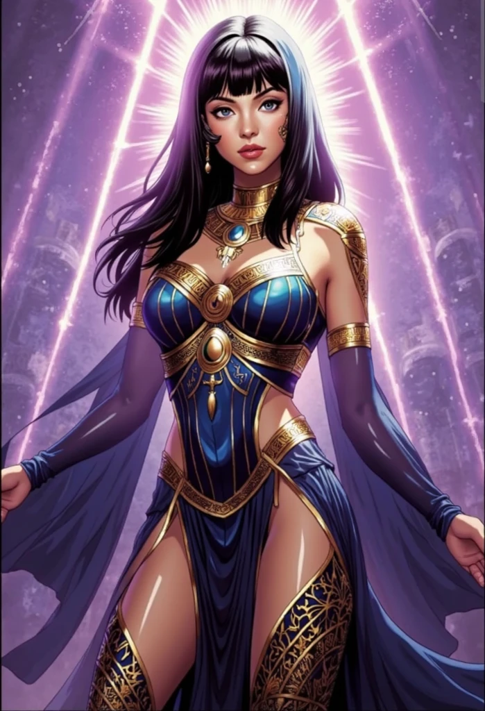 (masterpiece, top quality, best quality, official art, beautiful and aesthetic:1.2), (1girl:1.3), dark blue hair in braid, extremely detailed, portrait, looking at viewer, solo, (full body:0.6), detailed background, close up, (cool science fiction space theme:1.1), ((((blue skin)))), extremely busty alien sorceress, charlatan, mysterious, casting spells in space, four arms, revealing white and gold robes, veil, hood, blindfold, golden bracers, long gloves, glowing magical energy, white blindfold, elaborate headdress, golden ceremonial winged crown, sheer white fabric, elegant robes, skirts, streamers, cowl, cape, sandals, bracers, ((((four arms, gigantic breasts, cleavage, skindentation)))), slim waist, slim hips, long legs, athletic, SPACE, futuristic moon, (space exterior:1.1) background, dark mysterious lighting, shadows, magical atmosphere, dutch angle