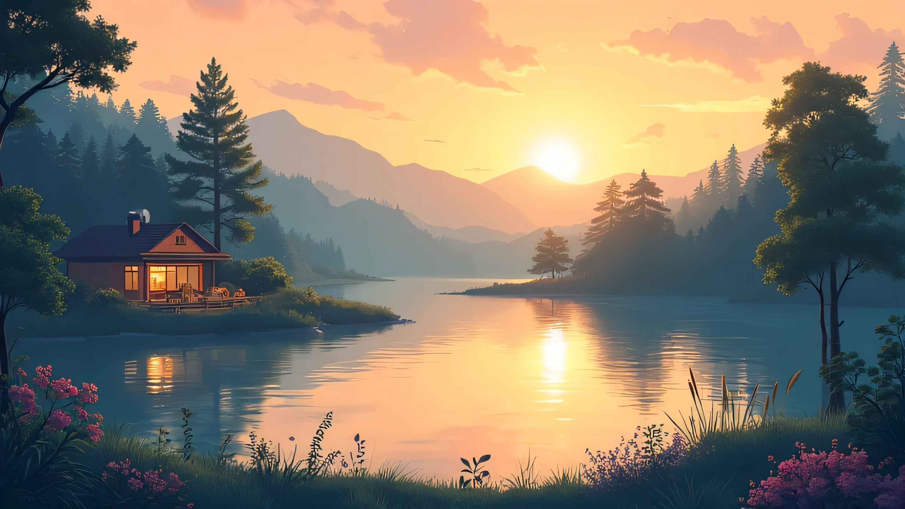 Painting of a house on a small island in the middle of a lake - SeaArt AI