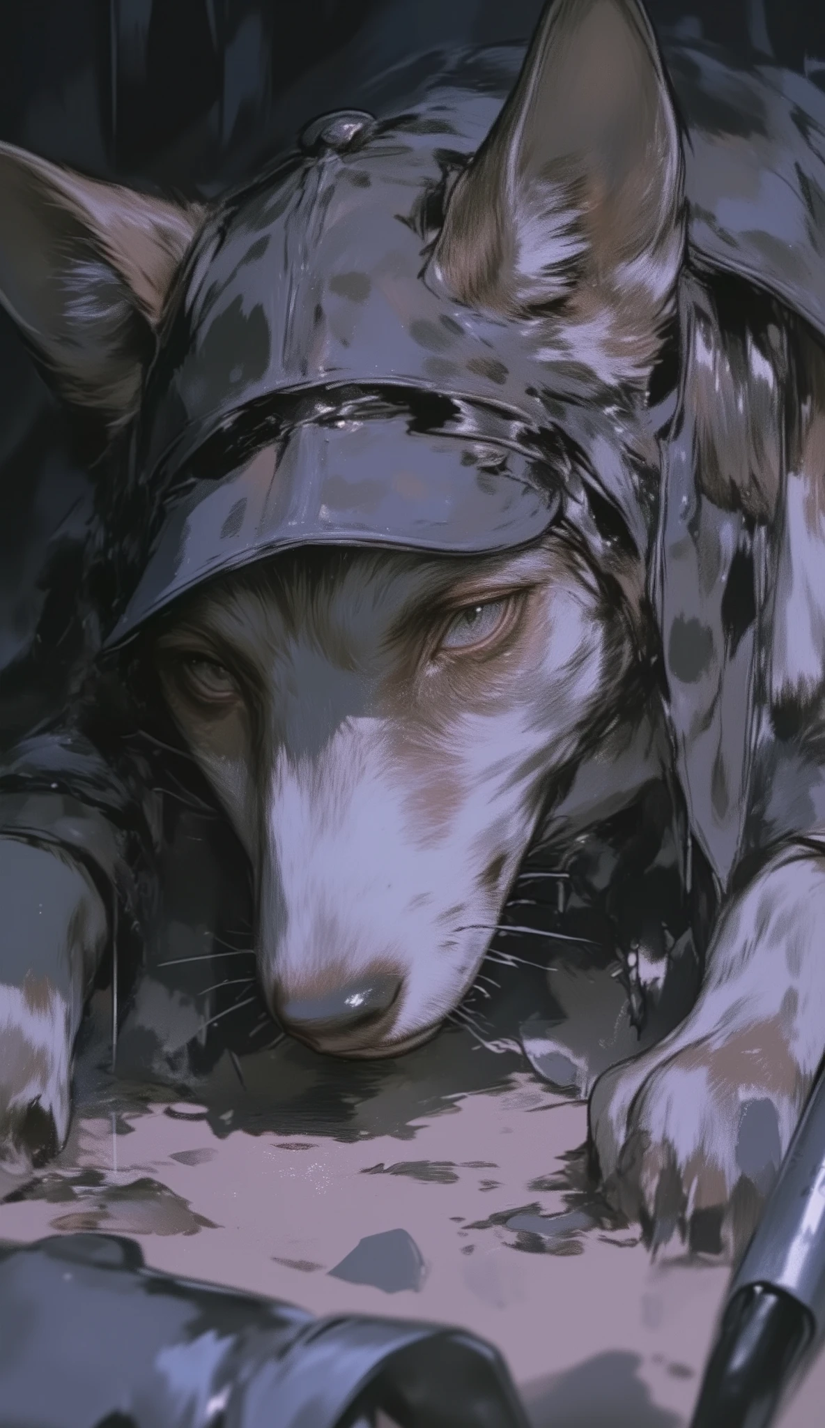 estilo anime, perro detective, olfateando unas huellas en la tierra, chiaroscuro, cinematic lighting, Fujicolor, UHD, retina, masterpiece, accurate, anatomically correct, textured skin, super detail, high details, high quality, award winning, best quality, highres, 1080P, HD, 16k