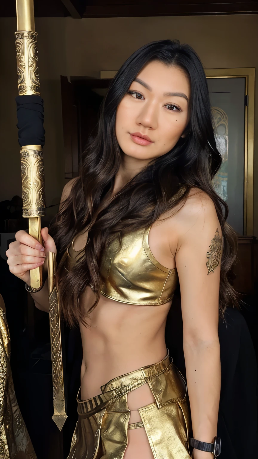 beautiful skinny antique greek spartan warrior asian girl, 26 years old, detailed face with piercing eyes, flowing dark hair, wearing ornate spartan helmet with ornate gold and bronze details, wearing detailed spartan battle armor with intricate gold and bronze designs, holding a golden sword, dramatic lighting, cinematic angle, highly detailed, photorealistic, 8k, masterpiece, skinny, ((asian))