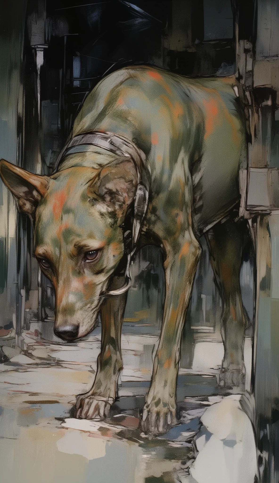plano gran general, cuerpo entero:1.5, perro detective, olfateando unas huellas en la tierra, chiaroscuro, cinematic lighting, Fujicolor, UHD, retina, masterpiece, accurate, anatomically correct, textured skin, super detail, high details, high quality, award winning, best quality, highres, 1080P, HD, 16k