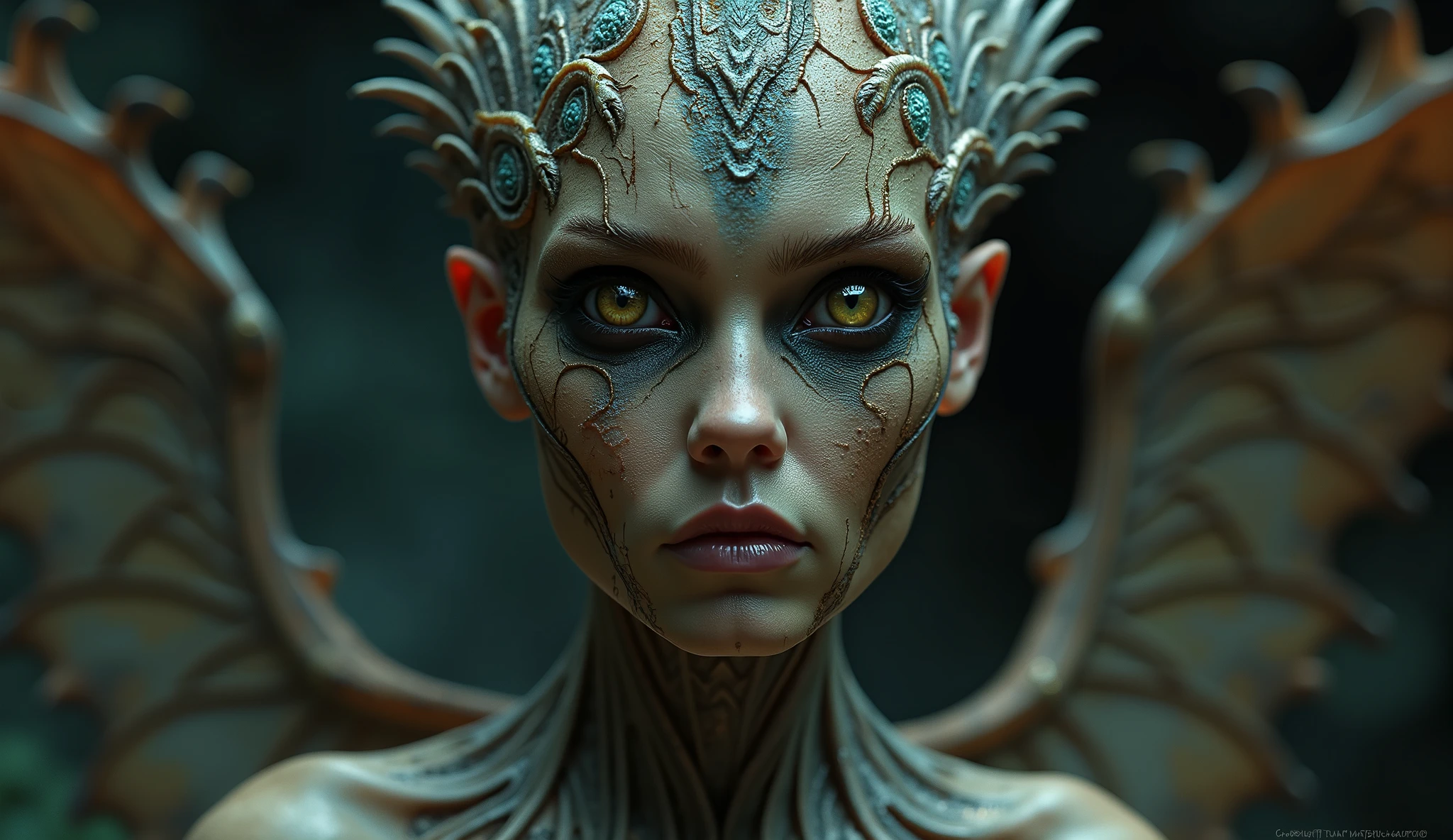 (realistic:1.3), 
poster,
intricate details,
upper body portrait painting \(artwork\), 
((masterpiece,best quality)), 
((cinematic light)), 
[beautiful woman|buffalo|seductive goddess],
hybrid,
hyperealistic,  
intimidating, 
dark fantasy \(style\), 
detailed armor