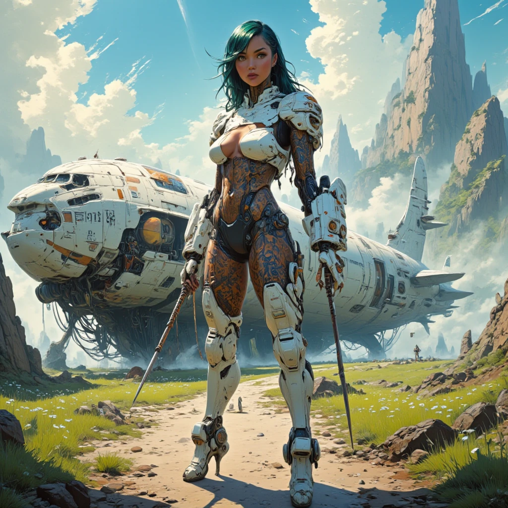 Stunning female in exotic outfit on an alien planet, accompanied by a robot assistant, extremely beautiful piercing eyes, sci-fi, cinematic scene, hero view, action pose, scenery, detailed background, masterpiece, best quality, high quality, absurdres, very detailed, high resolution, sharp image, intricate, 8k, vivid, colorful, sillage comic <lora:sillage_xl_v1:1>, Studio Ghibli <lora:studio_ghibli_xl_v1:1>