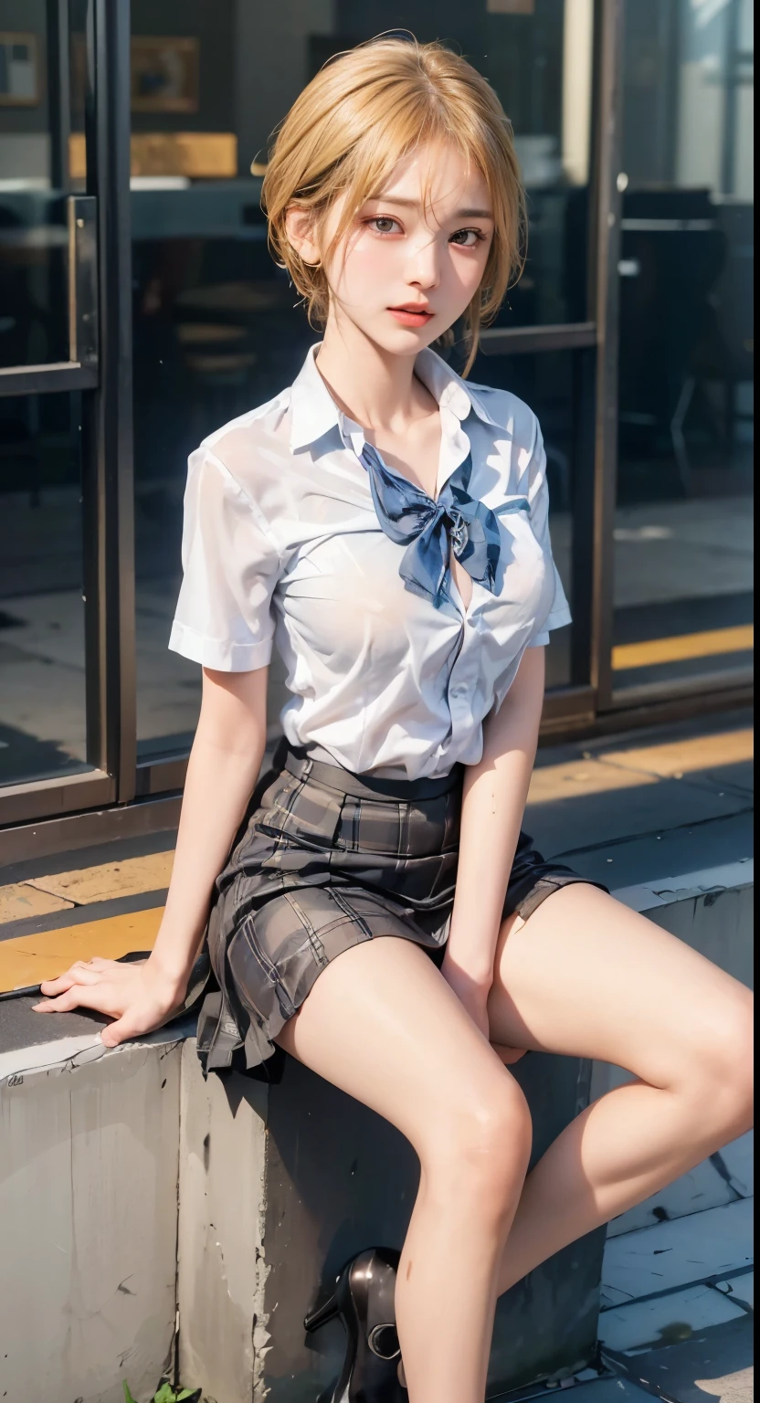 best quality,masterpiece,1girl, solo, (torn clothes:1.3), blush,,Marin Kitagawa, long hair, blonde hair, red eyes, piercing, earrings, ear piercing, stud earrings, black choker, loose necktie, school uniform, white collared shirt, blue skirt, pleated skirt, plaid skirt, wrist scrunchie, long fingernails, pink nails, nail art,,in hot spring,Onsen,floating_hair