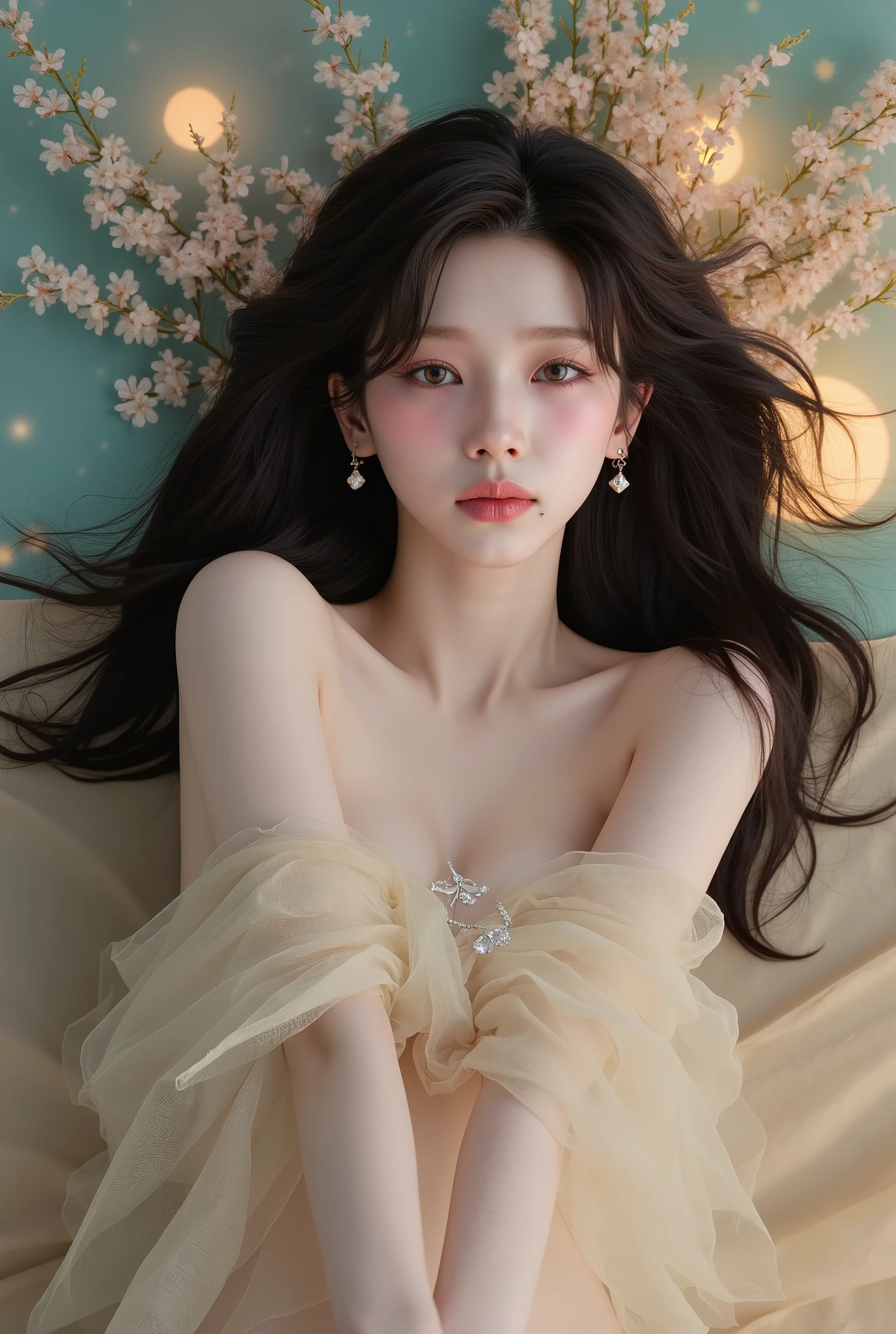 Portrait of a young woman in korea、One Girl、18-year-old、alone、(The whole body is projected)、(She wraps her naked body in see-through organza:1.2)、(Shooting from above:1.2)、(Lie down)、(Sensual World)、Beautiful and sexy、(Full view)、Embarrassed face、Ecstatic expression、Beautiful Face、Detailed facial depiction、Long eyelashes, Shortcuts、Black Hair、(Small breasts:1.2)、Moisturized Skin、jewelry、Full body、Flowers and Moon、Amazing panoramic views、Romantic atmosphere、((Full body))、(Soft Focus)、(Bokeh:1.2)、(Fractal Art)、(Alphonse Mucha Style)、(Highest quality, masterpiece, High resolution)、8k、wallpaper、