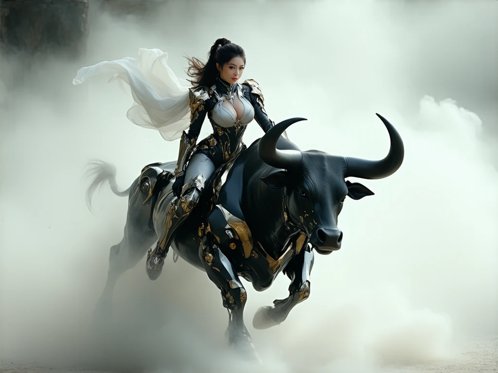 An evil creature,Black cow face,Evil face,Black Bull,Consume cattle,lotr,stark,The large,Holding an ordinary spear,Sample chest,boobplate,Armor on the arms and legs,demihuman,Half a cow,grimy,darkly,with details,sitting on the motorcycle,ultra cool
