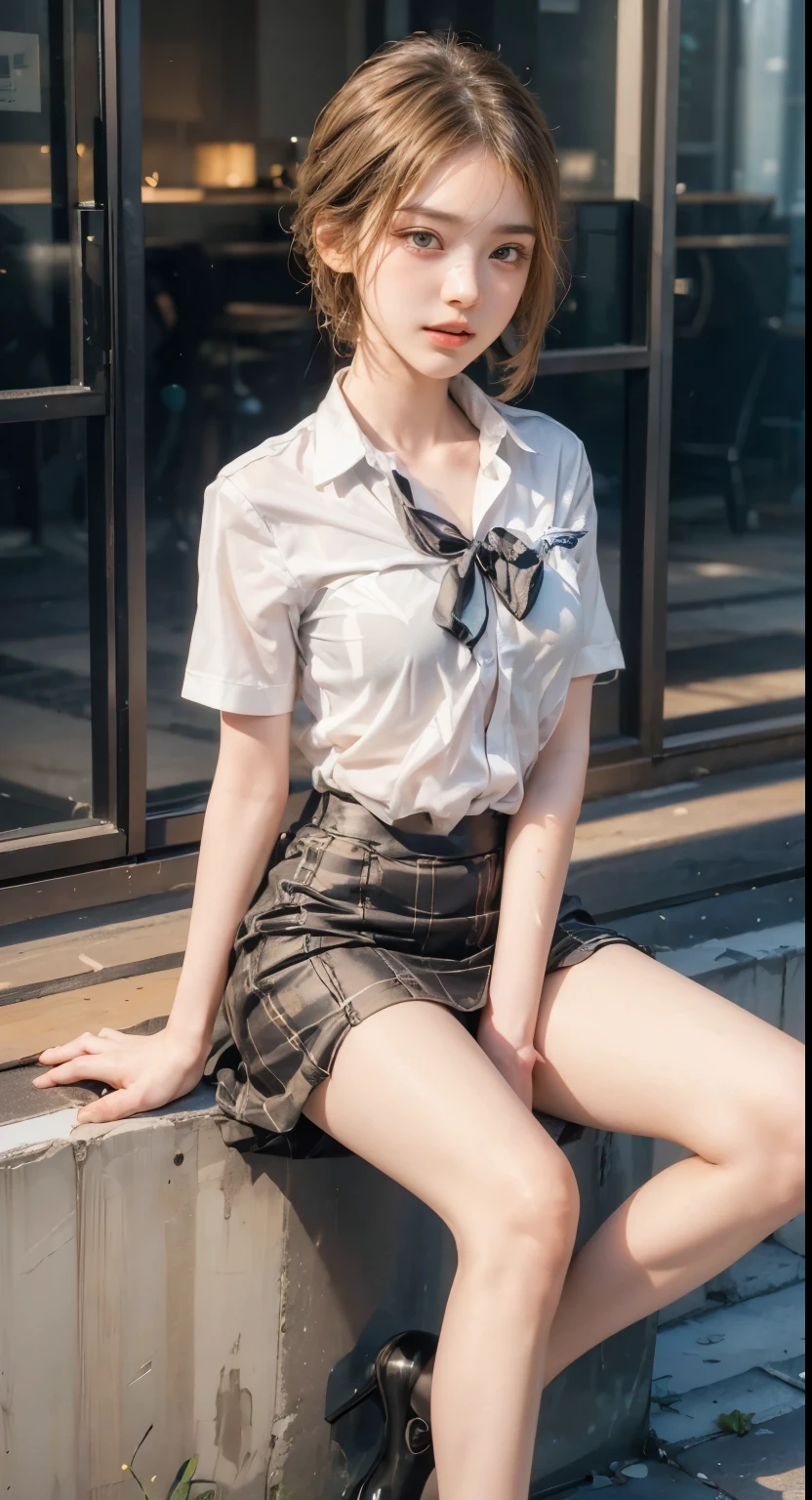 RAW, masterpiece, best quality, extremely detailed, 8k, HDR, photorealistic, intricate, (A skinny Korean girl), (black straight hair), (extremely-slim body), (narrow and small hips:1.3), (pale-porcelain skin), smile, standing, outdoors, wearing a (fully buttoned down short sleeves shirt), and (black extremely-short microskirt:1.5), (close-up picture)