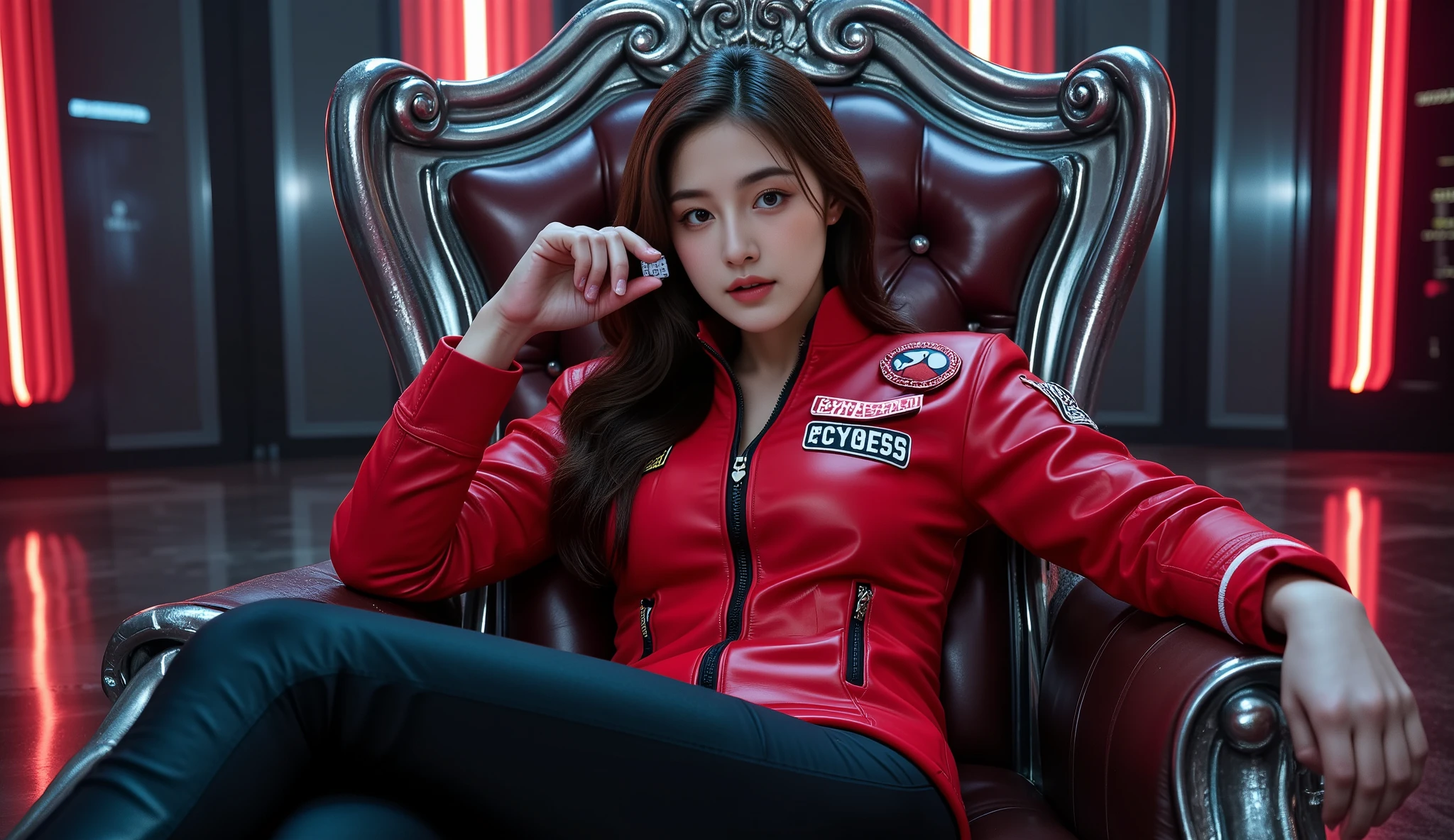 Description:
A close-up of a woman reclining in a metallic throne, one cybernetic arm resting on the armrest while she flicks a digital currency chip between her fingers. Her sharp gaze pierces through the neon-lit haze, exuding dominance.
Clothing:
She wears a red futuristic jacket with a high collar, paired with sleek black leggings and knee-high boots. Her jacket is studded with metallic accents and digital patches that flicker with coded messages.
Hairstyle:
Her long, dark brown hair is styled in sleek waves, framing her face with an air of sophistication and power.
Setting:
The throne room is dimly lit, with walls covered in dark metallic panels and flickering neon lights casting eerie shadows. The floor is reflective, and the room hums with the low buzz of hidden surveillance systems.