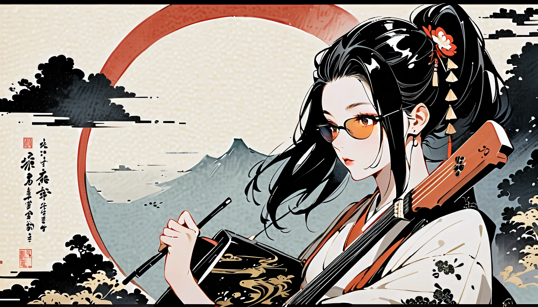 Ink Painting, ((( 1 girl))), (((Shamisen))), sunglasses, Japanese Style, beautiful girls, black hair, Delicate and precise, Modern Ukiyo-e Style , dark