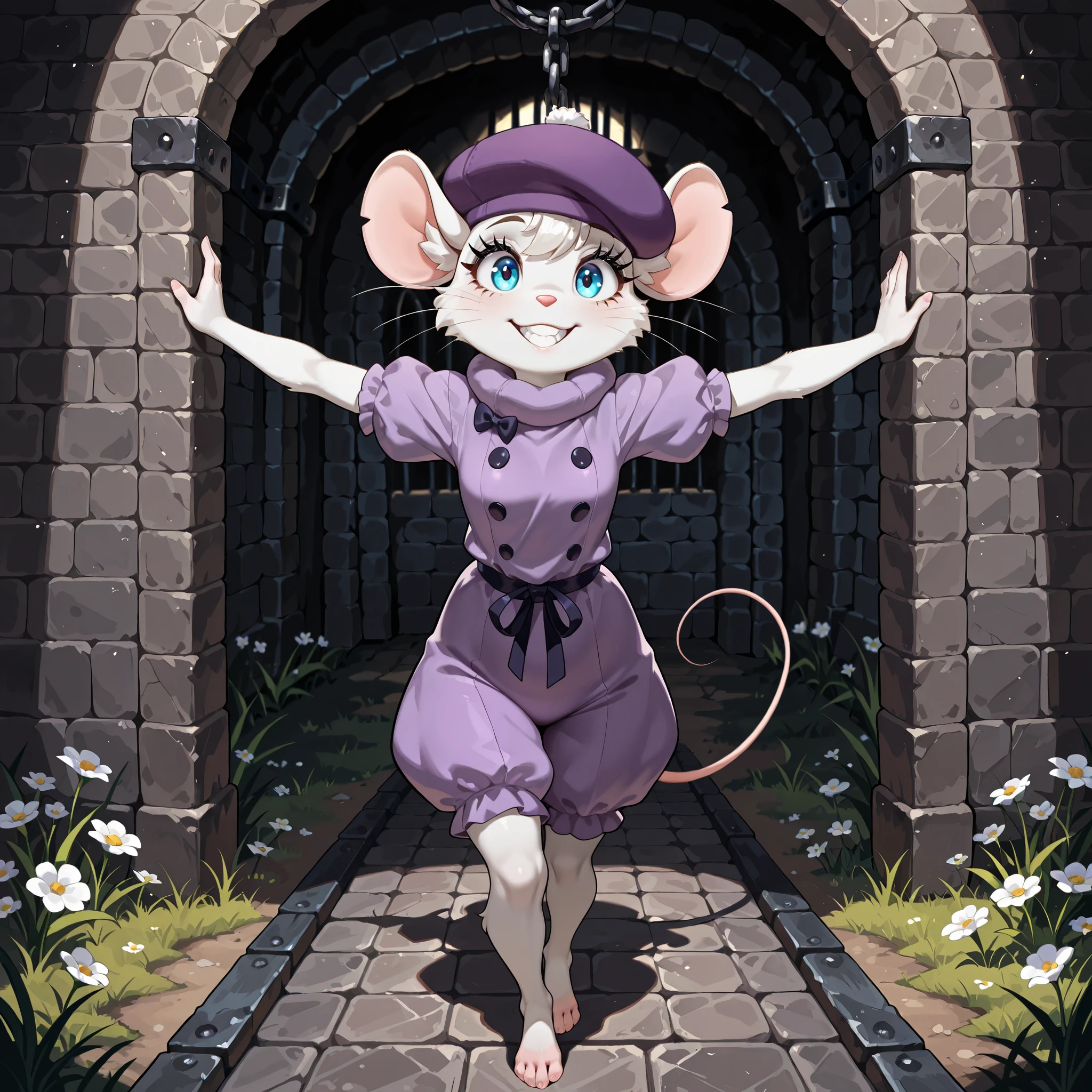 Masterpiece, best quality, absurd res, solo, bianca, anthro furry white mouse girl, hat, whiskers, blue eyes, eye lashes, rodent, teeth, wearing purple romper, dungeon, flowers, grass