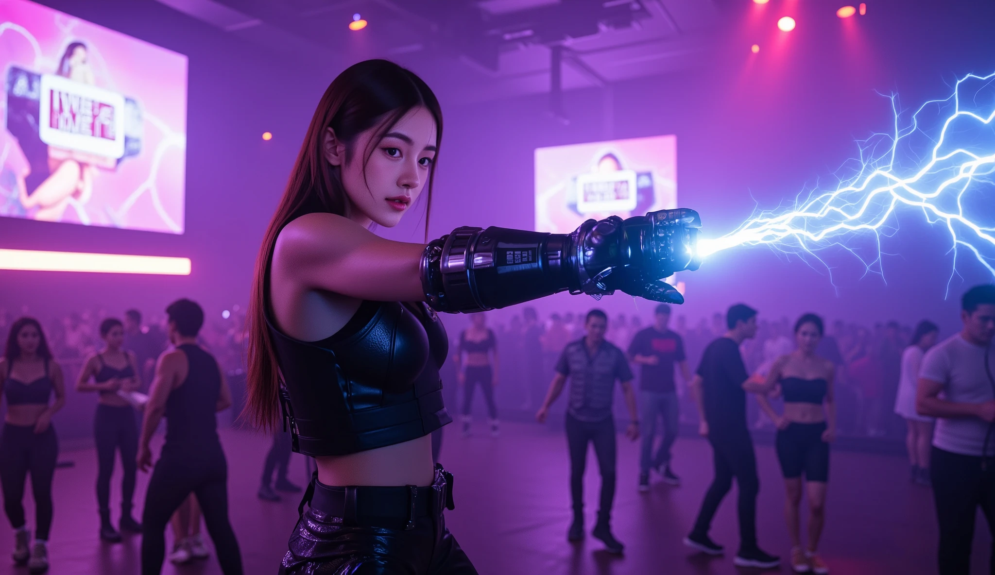 Description:
A detailed shot of a cybernetic fighter’s upper body as she clenches a fist wrapped in an electrified glove. The moment she activates an EMP, blue energy crackles along her arm, shutting down the club’s neon lights, leaving only her glowing eyes in the darkness.
Clothing:
She wears a black tactical vest with high-tech circuits running through it, and her gloves are equipped with glowing blue energy conduits. Her pants are reinforced with Kevlar, and her boots are heavy-duty combat style.
Hairstyle:
Her long, dark brown hair is styled in a simple, clean look, flowing down her back and adding to her fierce and determined appearance.
Setting:
The nightclub is bathed in violet neon lights, the dance floor packed with people moving in sync with the pulsing beats. The air is thick with haze, and large holographic screens flash advertisements above the crowd.