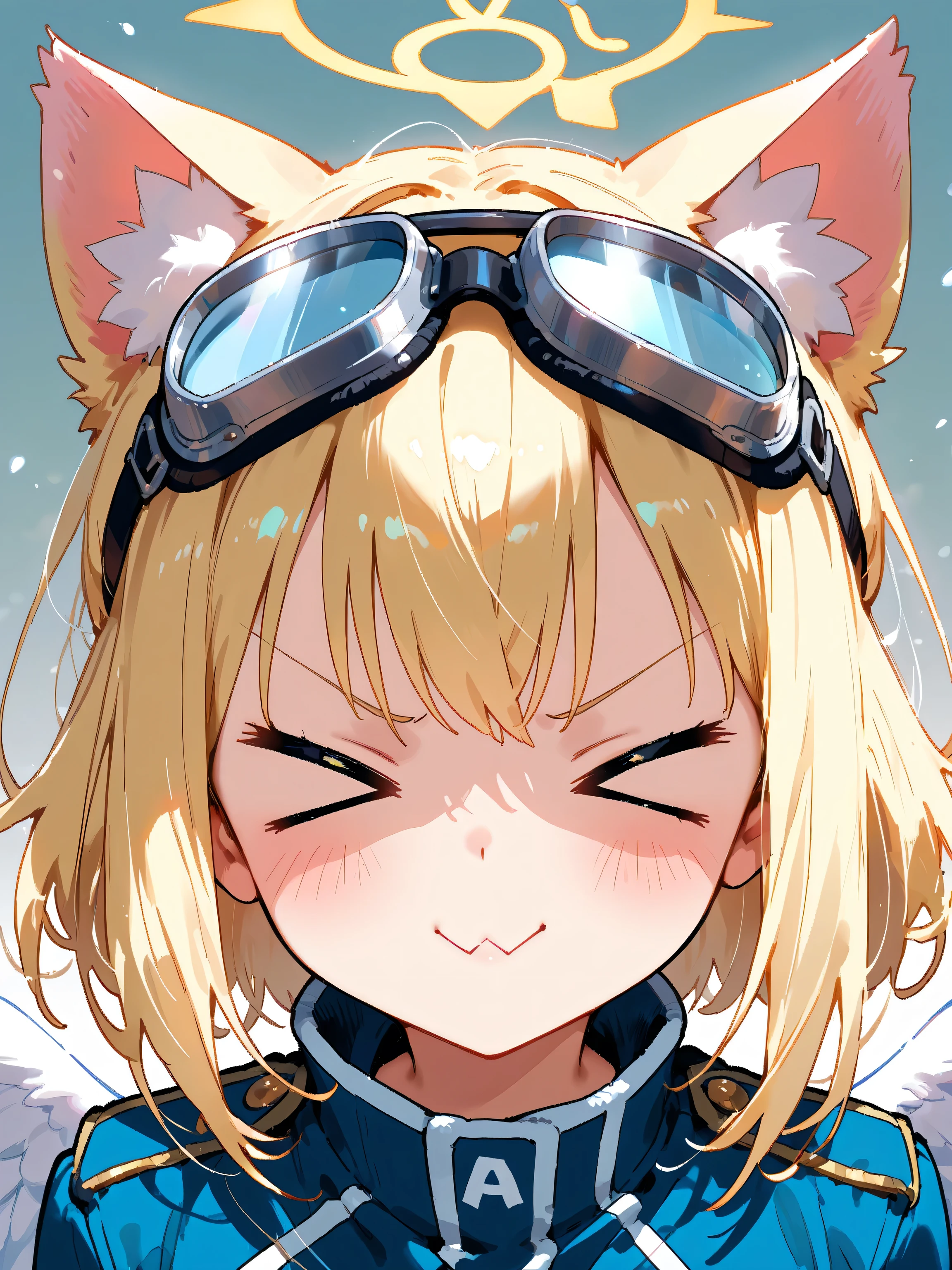  HDR animation  , Cat ears、 goggles、 upper body shot,  BEST MASTERPIECE MOVIE ANIMATION, A cute portrait of an adult,  The contrast and transparency of the shadows are beautiful . ( A masterpiece with clear depiction and ultra-high resolution  :1.1),  For a wonderful smile and graceful expression、 Subtle and playful shadows are projected ,  It's a masterpiece with a score of 100 no matter what angle you look at it . dynamic angle, smile,((Eyes are a symbol, Just like[><]An eye in the shape of a symbol:1.5)),Cheerfully do peace with both hands、v sign、 in a super cute pose、Smiling、blue military uniform and angel wings