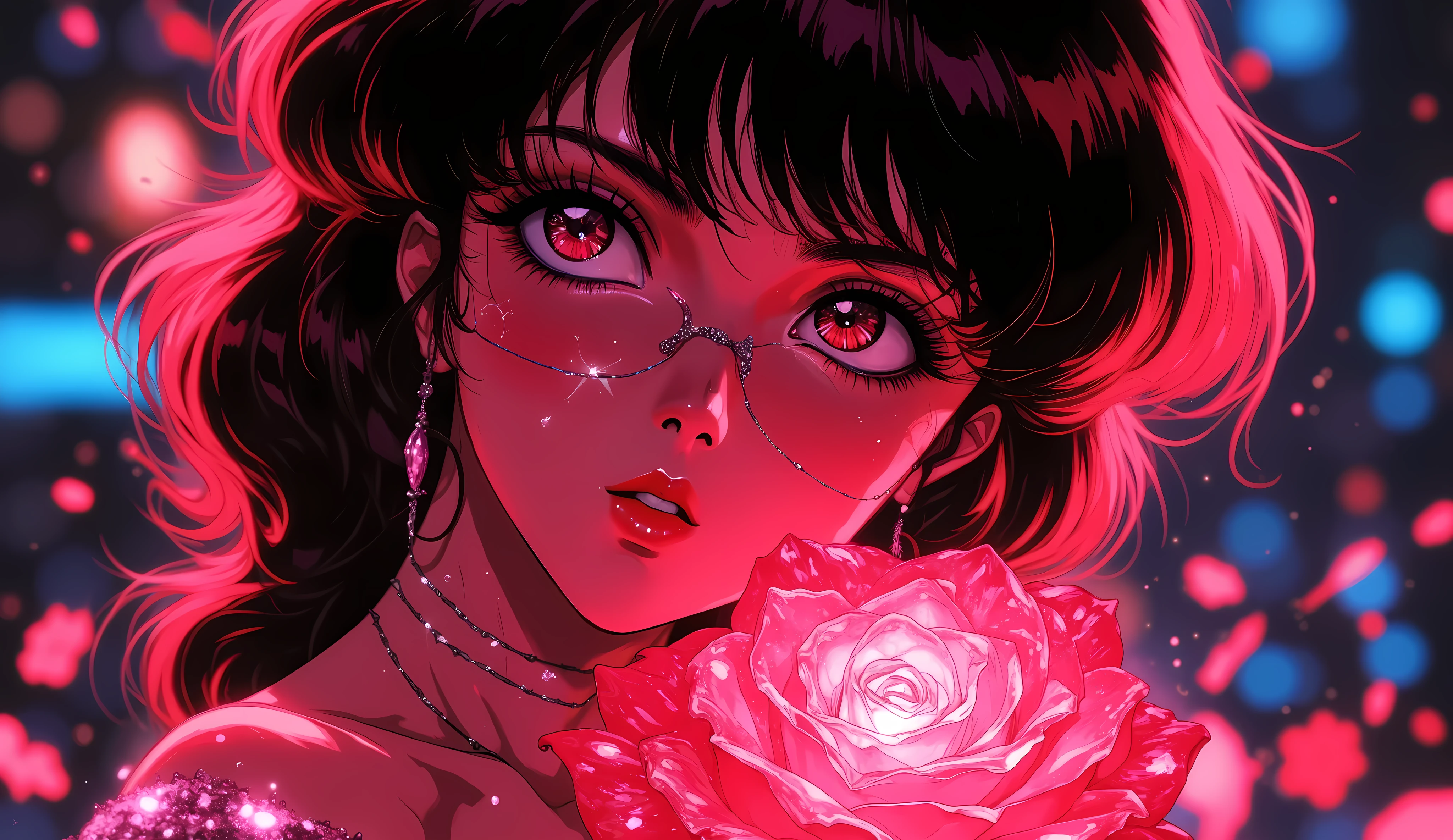high quality, 8K ultra HD, Una hermosa MUJER DE NOCHE double exposure que combina una silueta de mujer con unA diamantes, la rosa should serve as a backdrop, with its details incorporated into the woman , sharp lines, The background iS fuego, sharp focus, double exposure, By Yukisakura, stunning full color, anime