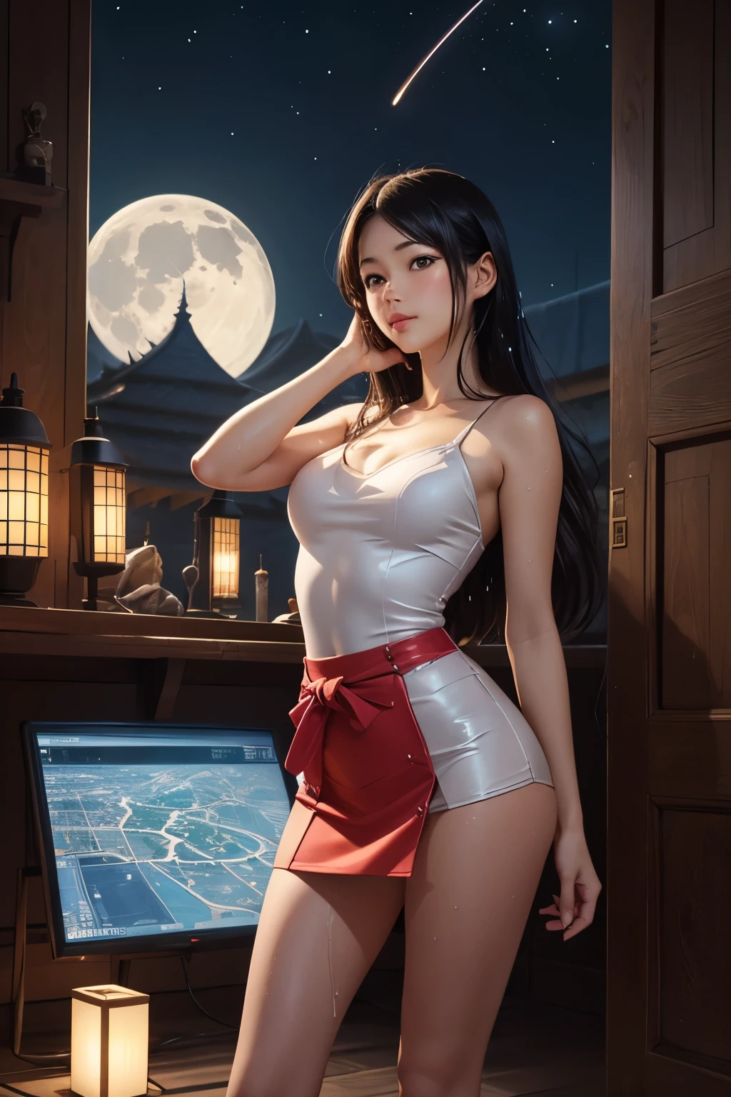 ((masterpiece)), ((best quality)), (ultra-detailed), ((extremely detailed)), 4K, (8K), best quality, (beautiful), a pretty woman, solo, (dark skin:0.8) ,beautiful light brown hair, light brown skin, beautiful green eyes, ((beautiful eyes)), triumphant look, smug look, self-satisfied look ,Masterpiece、White dress、Highest quality、brown Bunny ears、Tanned woman with big 、light brown hair color, forehead  Long curlyWavy Hair、White shirt、Black Bra、Black panties、Hot spring inn、a bright moon shines over beautiful scenery of garden and river in night time, moon, architecture, tree, east asian architecture, full moon, scenery, night, cloud, sky、Lots of rabbits 