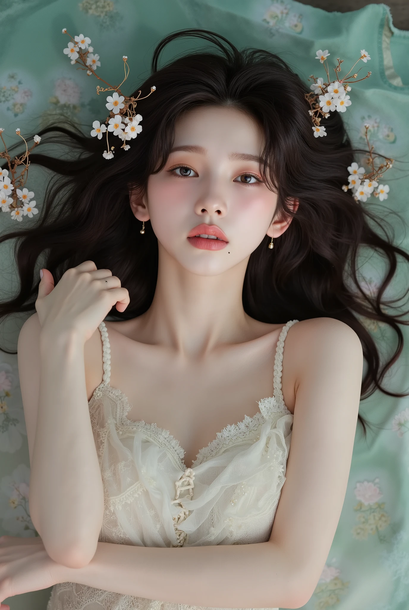 Portrait of a young woman in korea、One Girl、18-year-old、alone、(The whole body is projected)、(She wraps her naked body in see-through organza:1.2)、(Shooting from above:1.2)、(Lie down)、(Sensual World)、Beautiful and sexy、(Full view)、Embarrassed face、Ecstatic expression、Beautiful Face、Detailed facial depiction、Long eyelashes, Shortcuts、Black Hair、(Small breasts:1.2)、Moisturized Skin、jewelry、Full body、Flowers and Moon、Amazing panoramic views、Romantic atmosphere、((Full body))、(Soft Focus)、(Bokeh:1.2)、(Fractal Art)、(Alphonse Mucha Style)、(Highest quality, masterpiece, High resolution)、8k、wallpaper、