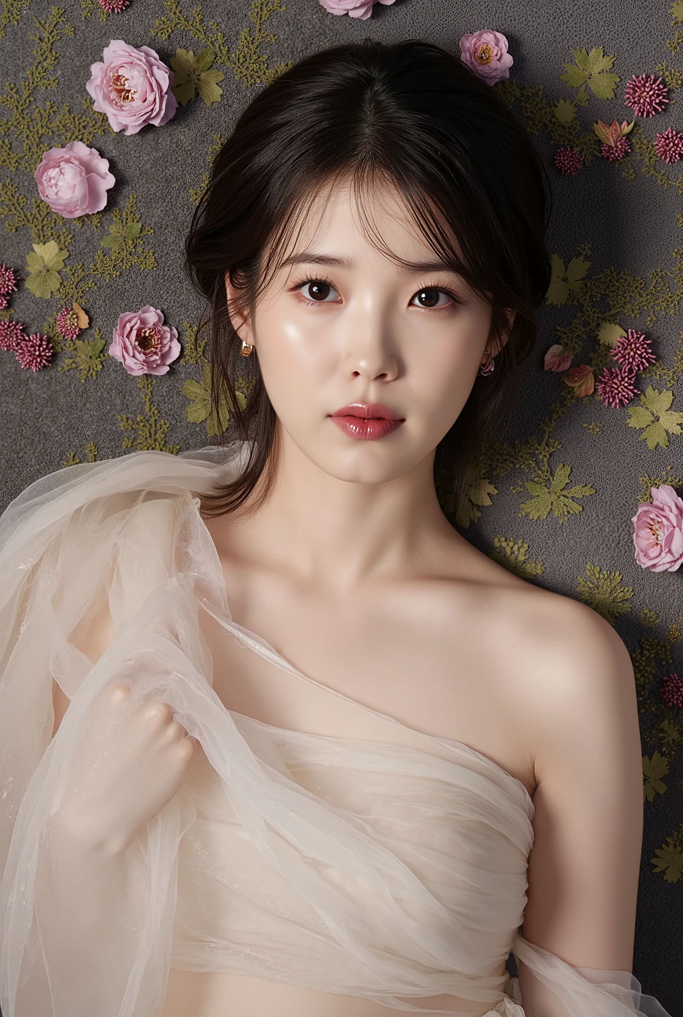 Portrait of a young woman in korea、One Girl、18-year-old、alone、(The whole body is projected)、(She wraps her naked body in see-through organza:1.2)、(Shooting from above:1.2)、(Lie down)、(Sensual World)、Beautiful and sexy、(Full view)、Embarrassed face、Ecstatic expression、Beautiful Face、Detailed facial depiction、Long eyelashes, Shortcuts、Black Hair、(Small breasts:1.2)、Moisturized Skin、jewelry、Full body、Flowers and Moon、Amazing panoramic views、Romantic atmosphere、((Full body))、(Soft Focus)、(Bokeh:1.2)、(Fractal Art)、(Alphonse Mucha Style)、(Highest quality, masterpiece, High resolution)、8k、wallpaper、