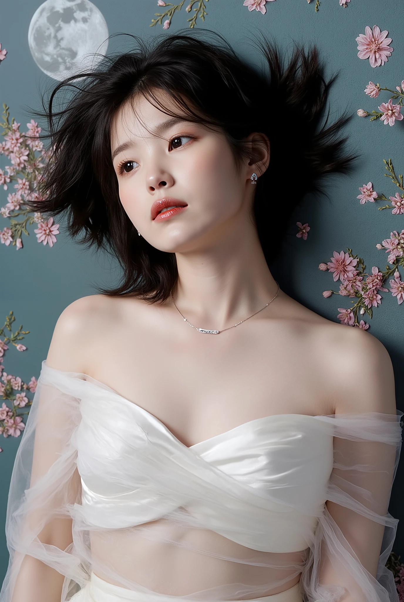 Portrait of a young woman in korea、One Girl、18-year-old、alone、(The whole body is projected)、(She wraps her naked body in see-through organza:1.2)、(Shooting from above:1.2)、(Lie down)、(Sensual World)、Beautiful and sexy、(Full view)、Embarrassed face、Ecstatic expression、Beautiful Face、Detailed facial depiction、Long eyelashes, Shortcuts、Black Hair、(Small breasts:1.2)、Moisturized Skin、jewelry、Full body、Flowers and Moon、Amazing panoramic views、Romantic atmosphere、((Full body))、(Soft Focus)、(Bokeh:1.2)、(Fractal Art)、(Alphonse Mucha Style)、(Highest quality, masterpiece, High resolution)、8k、wallpaper、