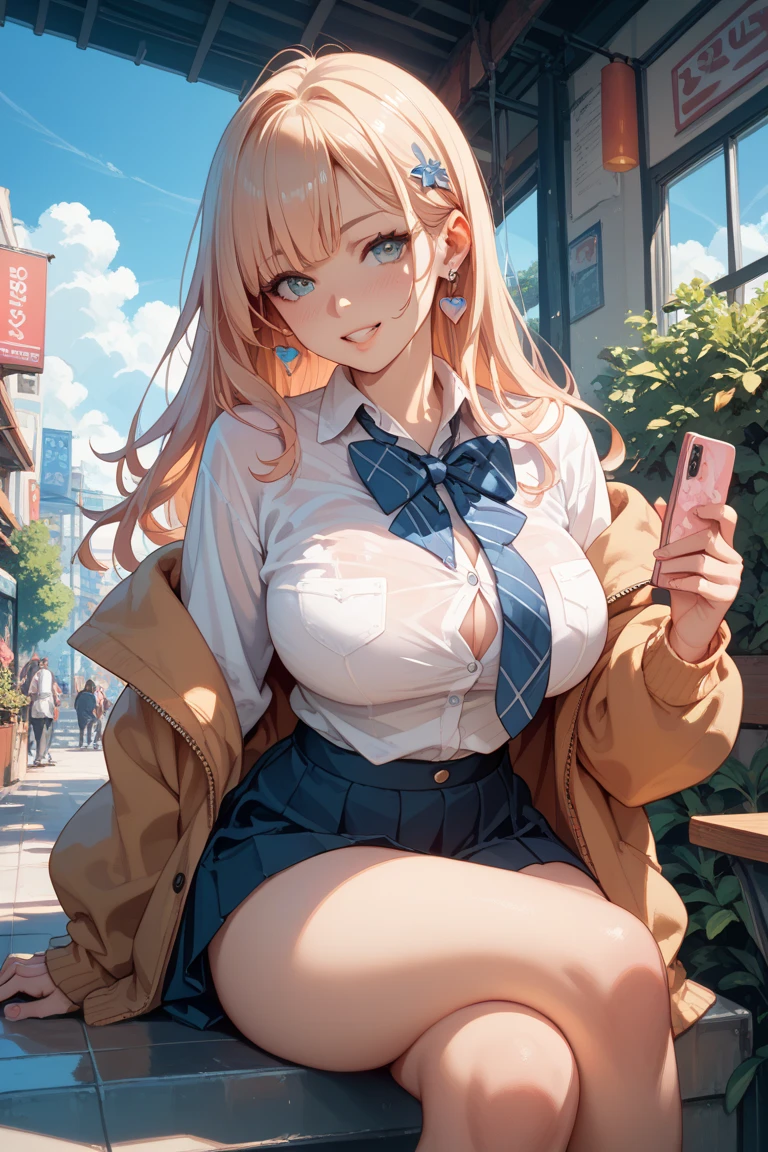 1girl, ((full body)), solo, summer, village, trees, sun, clouds, ((colorful hair)), long hair, curly hair, ponytail, large breasts, ((black blazer)), button down shirt, ((white shirt)), ((short sleeved shirt)), ((unbuttoned shirt)), unbuttoning buttons, cleavage 1:3, brown eyes, skirt, smile, looking at the viewer, standing, hair ribbon, golden necklate
