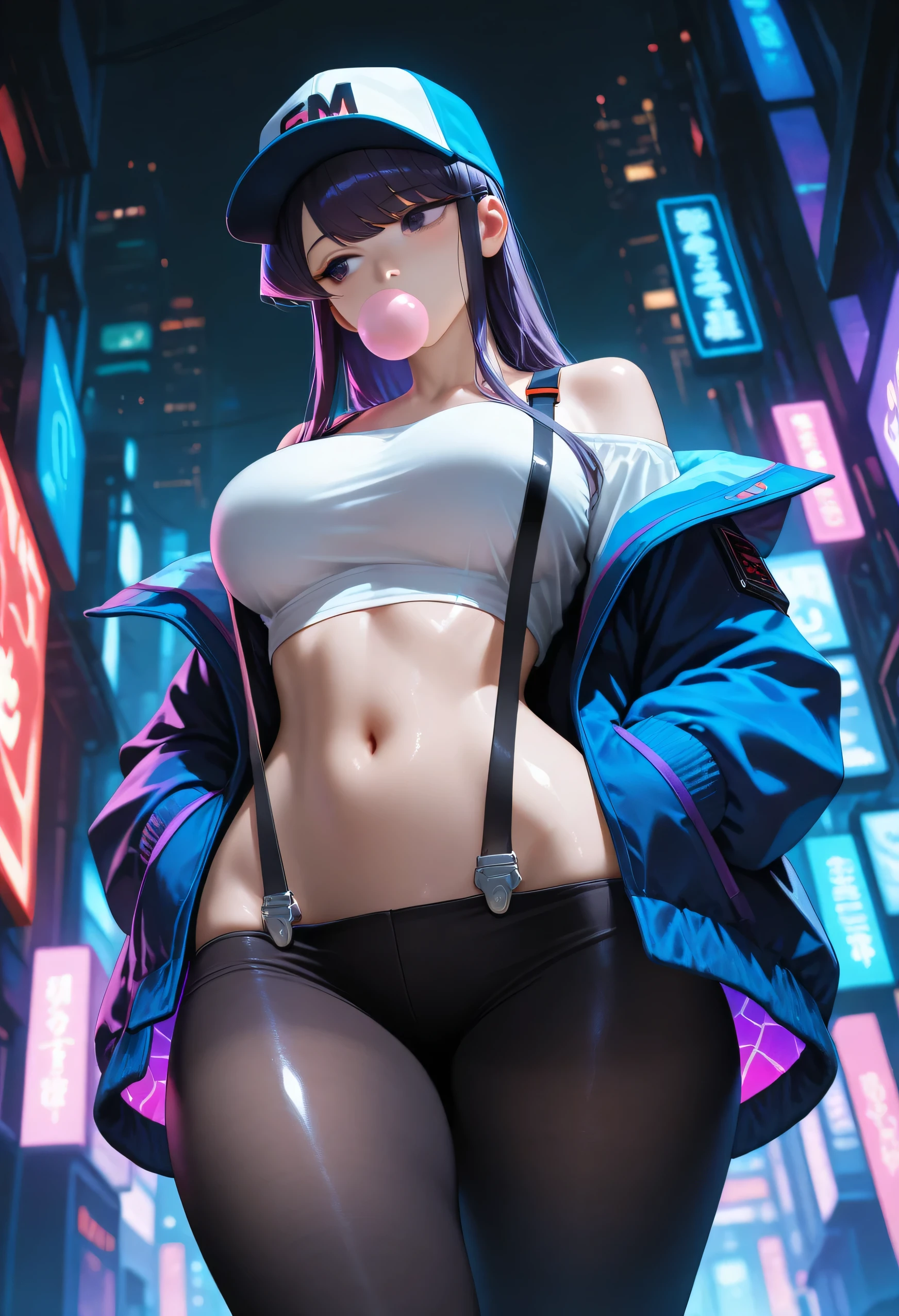 there is a woman standing with a rainbow light, full body, 3 d neon art of a womans body, beautiful face, flirty face, face shown, fat, obese, boobs exposed, boobs shown, small nipples, neon-noir background, seductive,20 y. o model girl, oppai cyberpunk, banner, high definition cgsociety, cgsociety masterpiece, trending on cgstation, kda