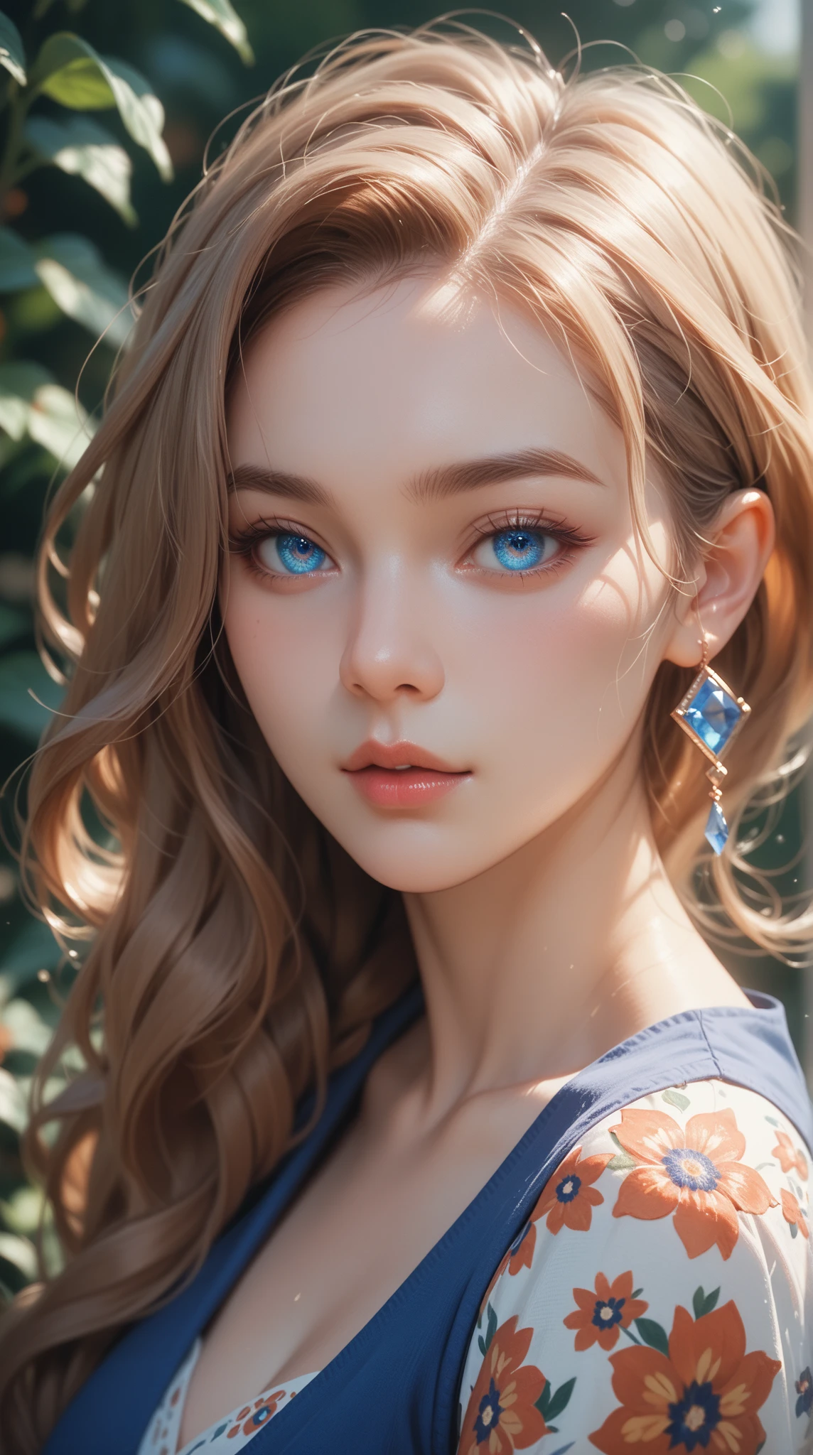 1. Appearance:
   - Youthful and attractive with a sweet and inviting smile
   - Big, sparkling blue eyes with long, dark eyelashes
   - Small, delicate nose and rosy, full lips
   - Clear, radiant skin with a natural, soft blush on her cheeks
   - Light freckles across her nose and cheeks for an added touch of cuteness
   - Long, wavy blonde hair with a slight natural wave

2. Outfit:
   - Feminine and stylish fashion
   - Wearing a pastel-colored blouse with lace details
   - A delicate necklace with a small pendant
   - Minimalist makeup emphasizing her natural beauty

3. Background and Setting:
   - Soft, warm lighting to enhance her features
   - Blurred background with pastel colors to keep the focus on her face
   - Natural and relaxed atmosphere, suggesting a candid moment