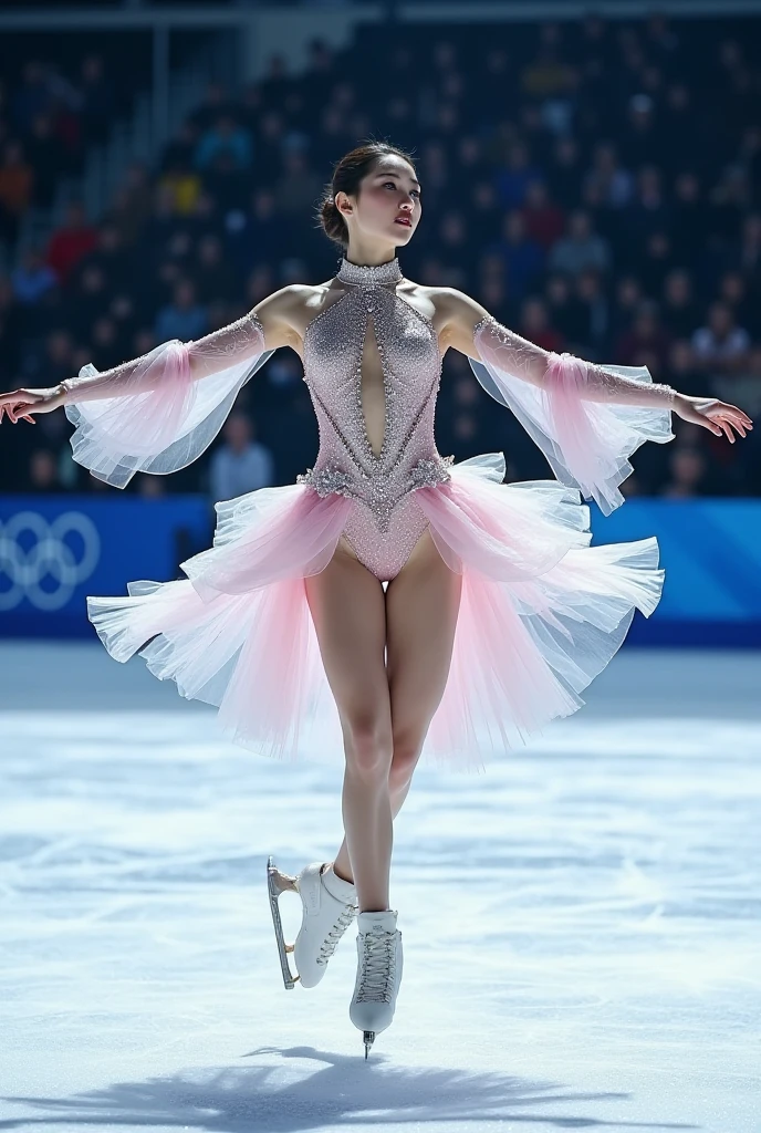 (((masterpiece))), (((best quality))), (((full body))), (((motion blur:1.4))), (((jumping in air:1.2))), (((flying spin))), (((spiral lines))), ((dancing on grand ice skating exhibition)), (((raise foot))), (((raise leg:1.3))), (((raise shoe))), (((raise arm))), (((long legs))), (((dark red see through floral print lace qipao))), ((detached sleeves)), cinematic light, countless crowd, wind, night, solo, 1girl, (((blonde hair))), ((very long hair)), updo, ribbon, high neck, collar, (((big tits))), enjoy, smile, shy, blush, (((petite figure))), (((skates))), ((hair flows upwards)), (face towards the sky), <lora:girllikeflyingspin:1.2>