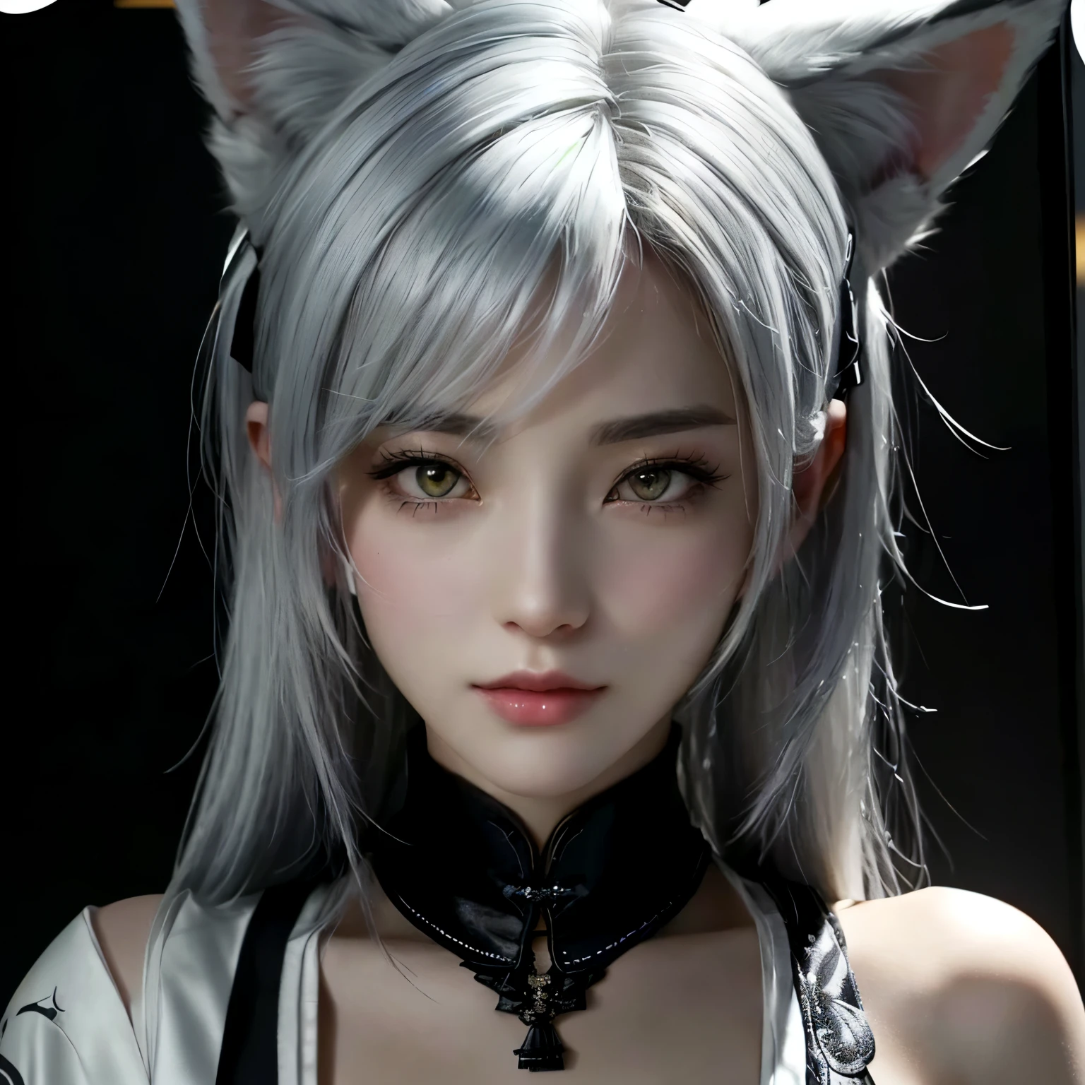 there is a woman with a cat ear and a black top, beautiful young catgirl, tifa lockhart with white hair, attractive cat girl, girl with cat ears, trending on cgstation, anime girl with cat ears, realistic anime 3 d style, 3D anime realistic, girl with fox ears, white - haired fox, trending at cgstation, woman with cat ears,Wear gorgeous Chinese clothing,Chinese Clothing, ancient Chinese costumes