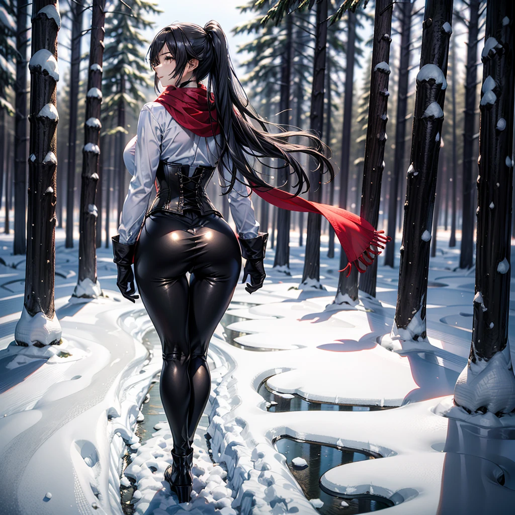 1girl, solo, (((full body))), masterpiece, (high detail:1 1), Rough face, Natural skin, high quality, NSFW, Hinata Hyunga,(French braid hair), (((very long hair))), long detailed hair, white eyes,(arm behind head:1.5),( smile:1.2),Face blush,Sexy figure, perfect bodies, beautiful eyes, (Detailed face and eyes), (face: 1 2), voices, Extra, real photo, ... ... ........... PSD, sharp focus, contrast lighting, Delicate skin, High definition 8K, incredible details, realistic, professional photo shooting, 8K UHD, SLR camera, soft lighting , high high quality, film grain, Fujifilm XT3, magic, particle FX, (((tight body suit, tight black pants))), in the forest, dark forest, horror forest, cherry blossom petals, looking at viewer, (((Show cameltoe))), (((black boots))), (snow), (gloves), (((standing full body)))