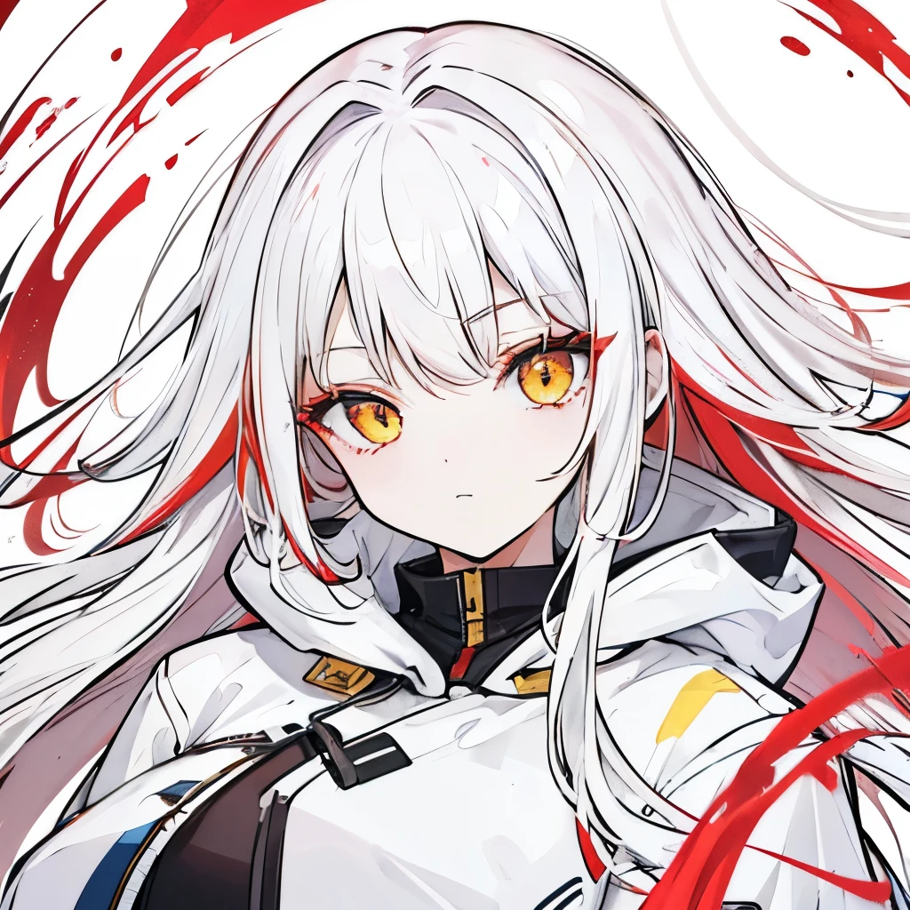 Line Art, Masterpiece, top quality, super detailed、 oversized hoodie , long hair, white hair、Red hair here and there ,Beautiful bright yellow eyes , smugface ,✨✨
