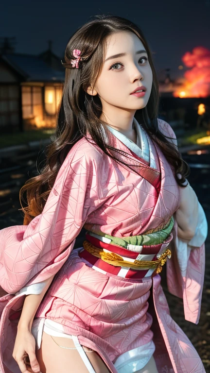 Masterpiece, Best Quality, High Resolution, Venus1, 1Girl, Solo, Tsuko Kamato, Bamboo, Gag, Hair (brown), Plaid Belt, Gag, Gag, Gradient Hair, Hair Ribbon, Haori, Japanese Clothing, Very Short Kimono, showing her underwear, big , Long Hair, Looking at the Audience, Multicolored Hair, Pink Eyes, Very Short Pink Kimono, showing her bra, Pink Ribbon, Ribbon, Solo, (((Masterpiece)), Forehead, standing posing infront of a burning house at night, with dark red clouds Cute puffing cheeks, seducing, Eyes wide, slim waist, sexy posing, slim tight,