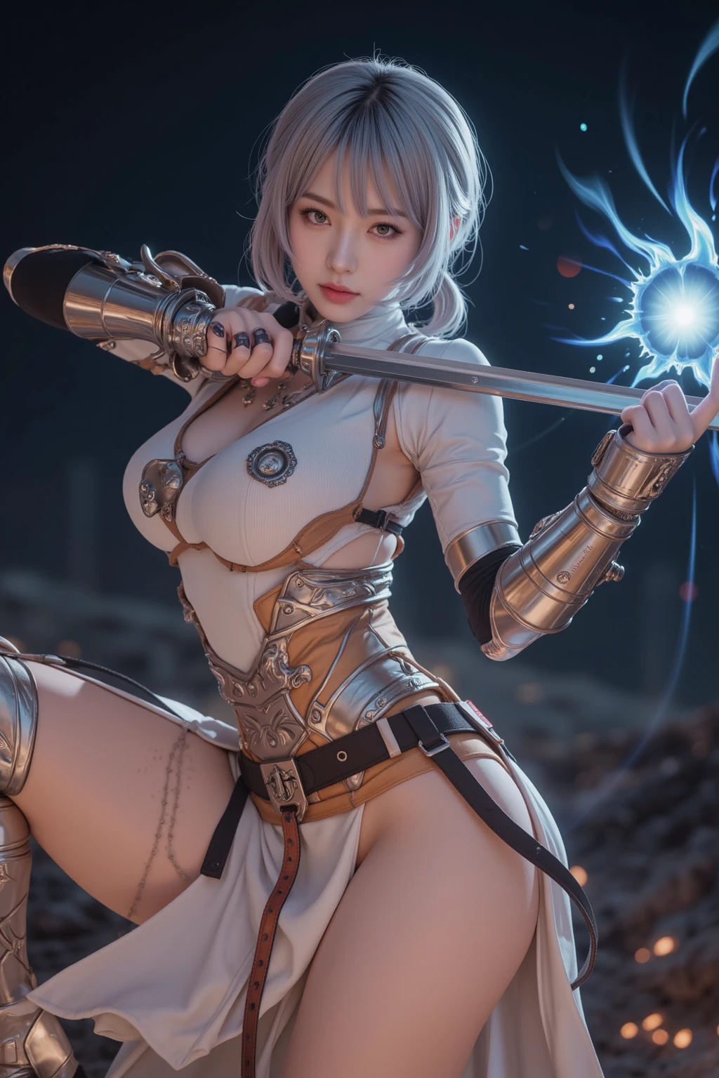 Goddess of wisdom and war、He has a big cool mechanical spear.、Long ponytail、She wears white armor over a flashy white skin-tight dress..、Foot armor
