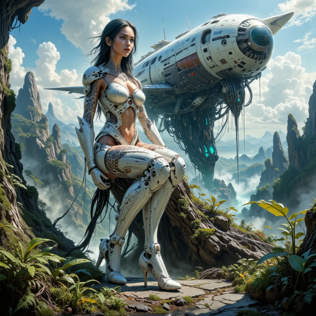 ((Create one girl +), (facing the viewer, standing close-up, full height), (smoke, fire), (thin graceful body, facing the viewer), (dynamic pose), (standing with legs wide apart) , (sexy), (delicate scarlet lips), (straight, black long hair), (small thong, short T-shirt, bare shoulders), (narrow hips, beautiful breasts))_((Artistic Stylization), (fantastic film- comic), (soft oil painting, digital painting), (elegant line, clear outline, high-quality drawing, shading))_((Simple color palettes), (color richness, saturation, harmony, balance), (background - dark, cold tones), (fantasy-horror, - cyberpunk, deep space, spaceship))_((Sexy, erotic), (hands in elbow pads, palms wearing tactical gloves), (bare thighs, thongs, bare belly-navel, minimal clothing ), (legs in combat knee pads, thigh-high stockings - sexy), (massive leather lace-up boots), (space design, dramatic scene, combat situation))_((Background, fantastic ship lock, (films; Lucas Arts, R.Sh. Giger "Alien", Giger's monsters, space monsters), (a stunning scene in a spaceship - "Alien" monsters), (warm contrasting light, cold shadows))_ ((Cinematic masterpiece, highest quality), (contrasting shadows, clear, bright light), (warm range of colors, contrasting light with cold shadows))_((Cinematic animation, ), (soft clear shapes, wide strokes, attention to detail), (16K | Ultra HD | Full HD)).