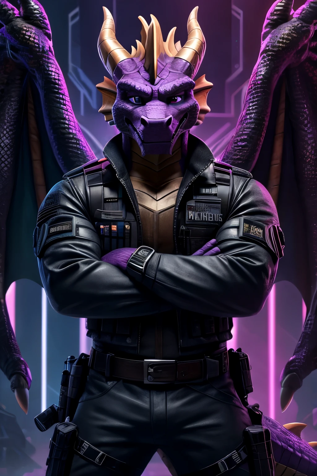 painting background, glitch background, metallic wall, neon light, neon plank, neon lighting,
front view, focus male, look view,
spyro, and, aged up, elder spyro, (muscul body:0.6),
techwear jacket, black gloves, tactical vest, with buckle and tape,
black mask by mouth,
combat pose, action, knife, (crossed arms:1.1), Anthro dragon, wings, membranous wings, tail, horn, comb, scaled detailed