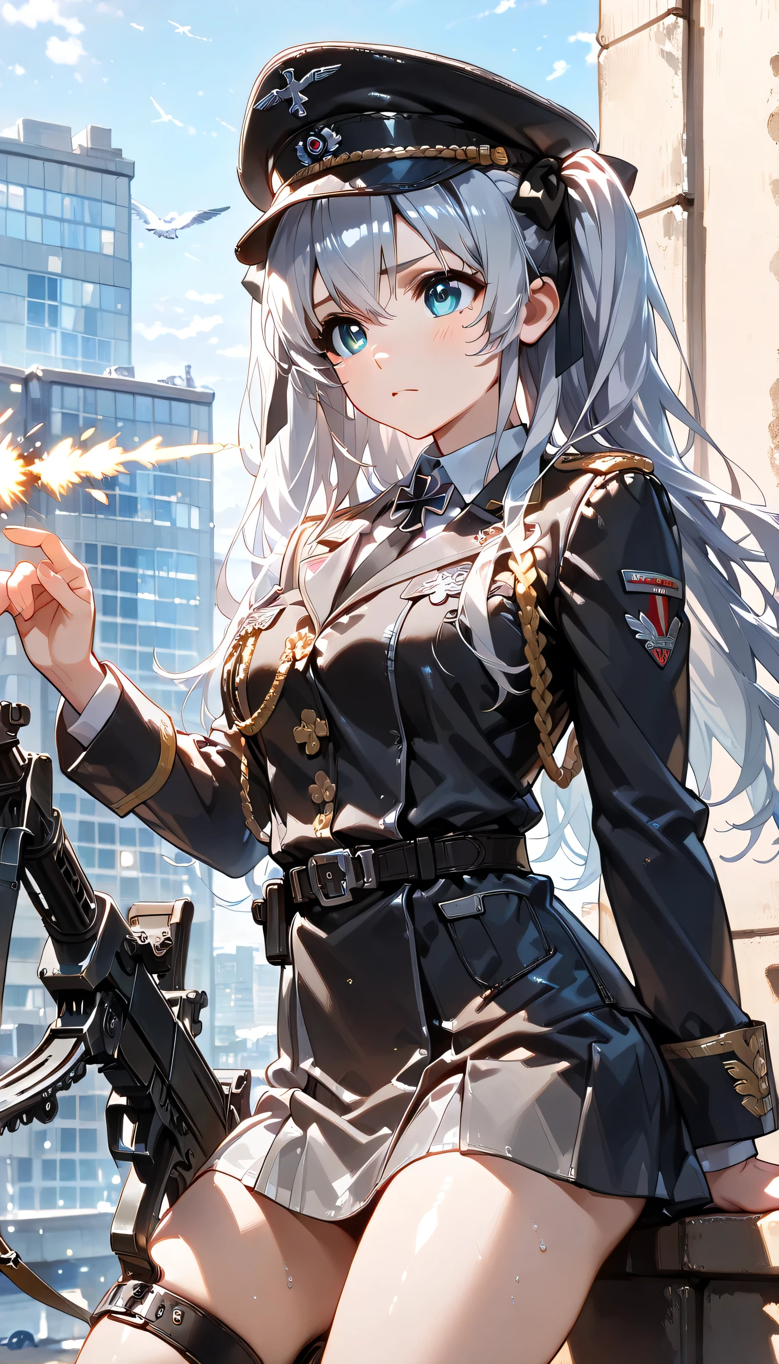 ((ultra-detailed)), (highly detailed CG illustration), (best quality:1.2), ultra-highlyあ detailed, colorful composition, artistic photoshoot, 1girl, solo focus, ((thigh to top:1.4)), ((cowboy shot:1.4)), moe anime character, girl, dainty facial structure, (bab(round face), ((rounded chin:1.2)), ((ideal ratio body proportions)), celia-default, celia claire, (blue eyes), sparkle eyes, silver hair color, two slde up, ((serious)), ((German Navy military black uniform during World War II)), ((German Navy military black captain visor cap with gold decoration during World War II)), ((Iron Cross on neck with red, black and white tricolor stripes ribbon:1.4)), ((gold aiguillette)), ((shooting a machine gun:1.4)), ((a bullet is fired from the muzzle:1.4)), ((city battle1.4)), standing by the city area that has become a battlefield, dynamic pose, from side, best quality, masterpiece, pink cheek, blush, light pink gloss slip, portrait, depth of field, soft lighting, sidelighting, (shine), lighting, caustics, ray tracing, perfect face, lustrous skin, highly detailed face, highly detailed eyes, perfect face, perfect nose, perfect hair, perfect eyes, perfect anatomy, beautiful hair, beautiful small face, extremely detailed face, beautiful detailed eyes, beautiful clavicle, beautiful body, beautiful huge breasts, leavage, breasts squeezed together, equalize the size of the left and right breasts, beautiful thin thighs, beautiful legs, beautiful fingers, 4 fingers, 1 thumb, lovely, (very detailed background:1.0), (highly detailed background:1.0), battlefield aesthetic, intricate details, war atmosphere, battlefield colors palette, chromatic aberration