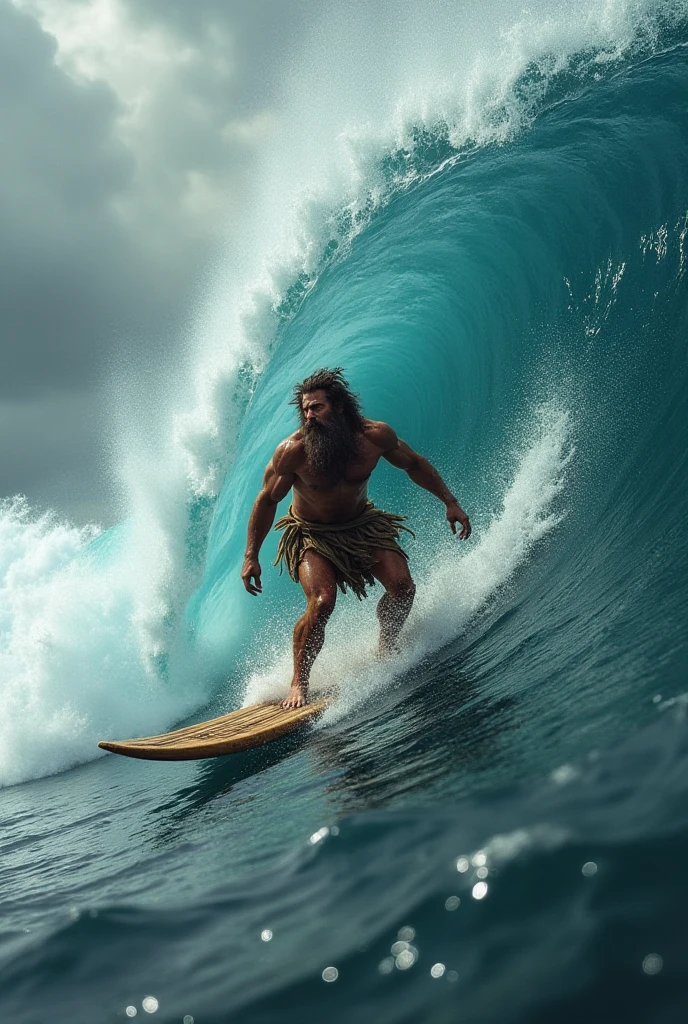 ancient old man surfing on big waves