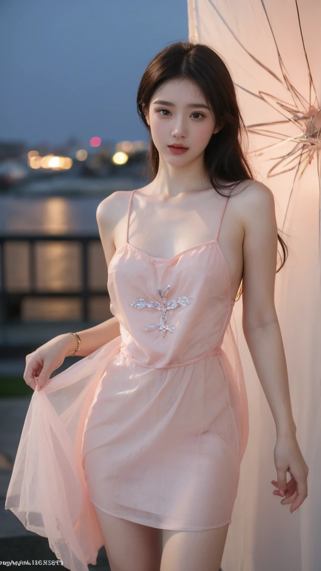 8K, UHD, MAsterpiece, best quality, 1 girl, (realistic face), happy pace, very long hair, small breasts, decorated dress, very beautiful ornaments dress, pink color, lace, mesh dress, sardine, loops, in the balcony, ipllers, depth of field, cinematic lighting, chromatic aberration, motion blur, glowing light, god rays, ray tracing, reflection light, front lighting, knee short, standing, smugness